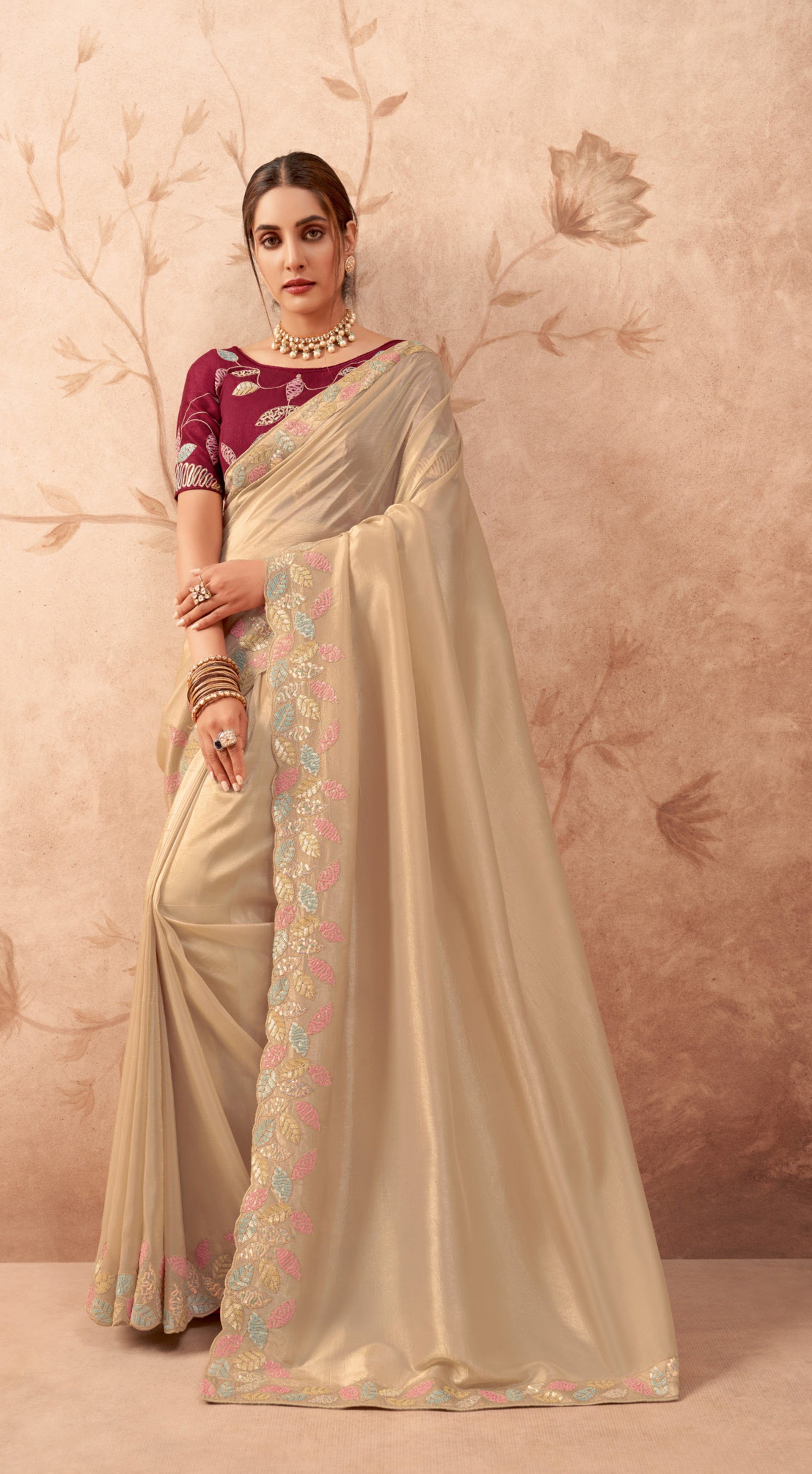 Alluring Cream Fancy Embroidered Party Wear Saree