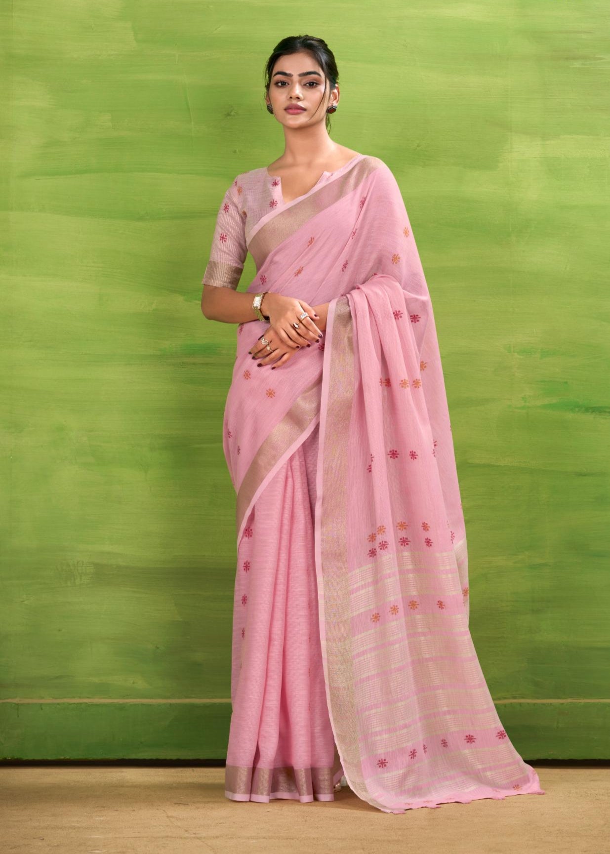 Charm Pink Woven Linen Cotton Soft Silk Saree