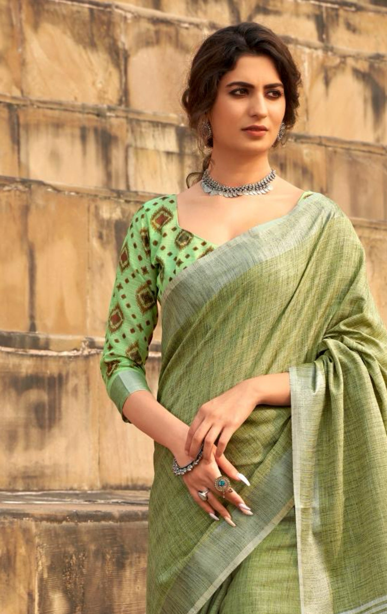 Khaki Casual Linen Saree RP2