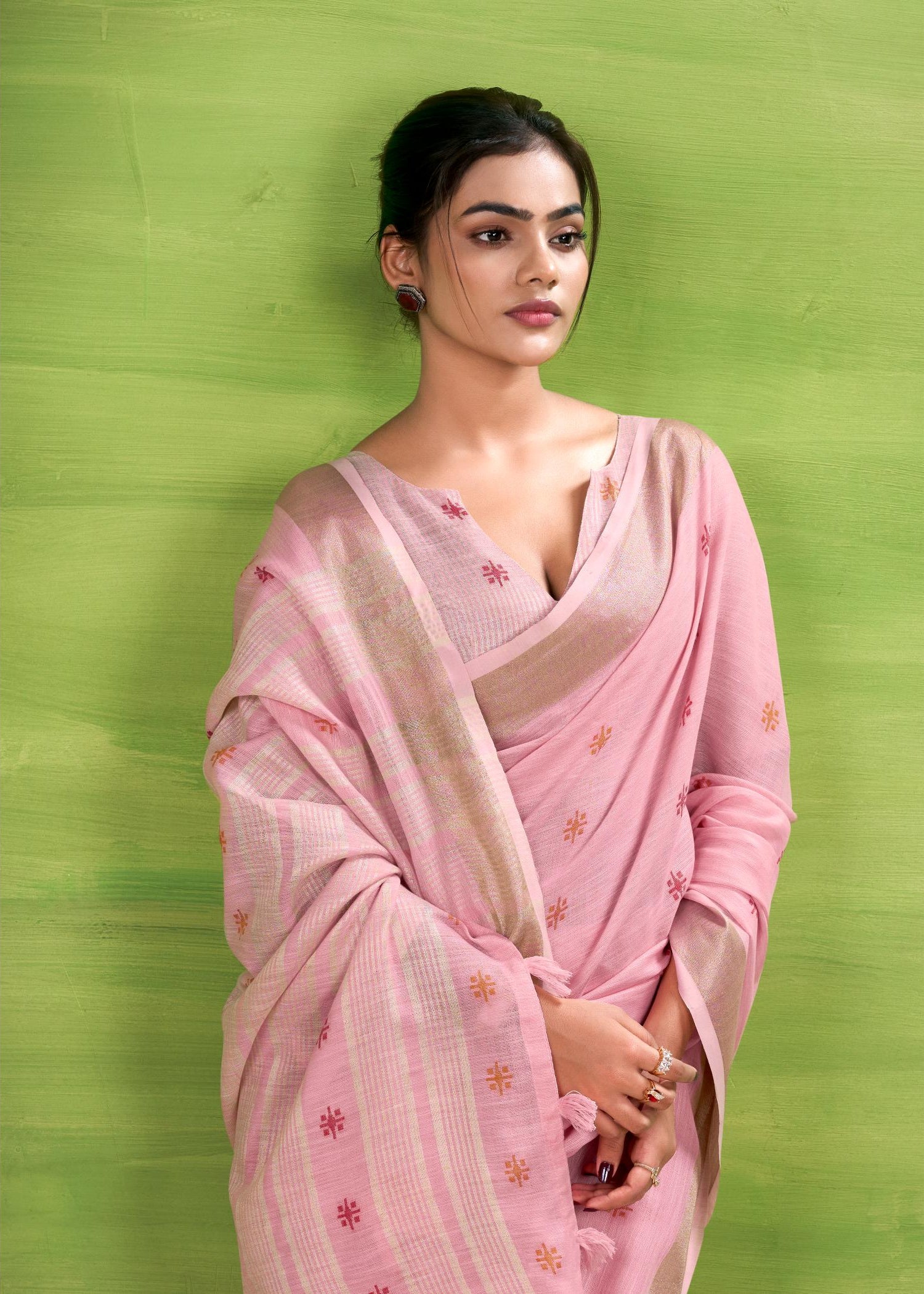 Charm Pink Woven Linen Cotton Soft Silk Saree