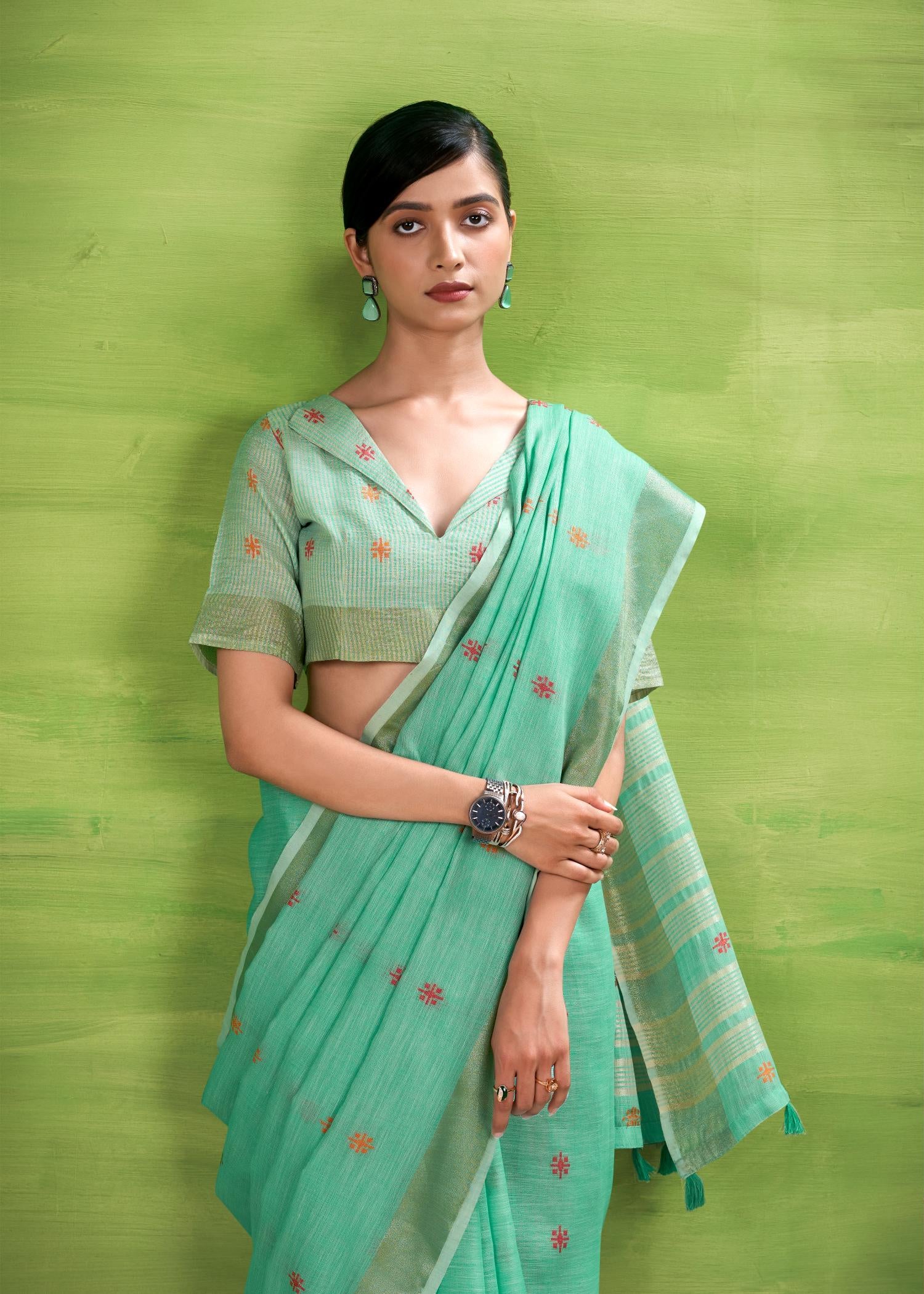 Sea Green Woven Linen Cotton Soft Silk Saree