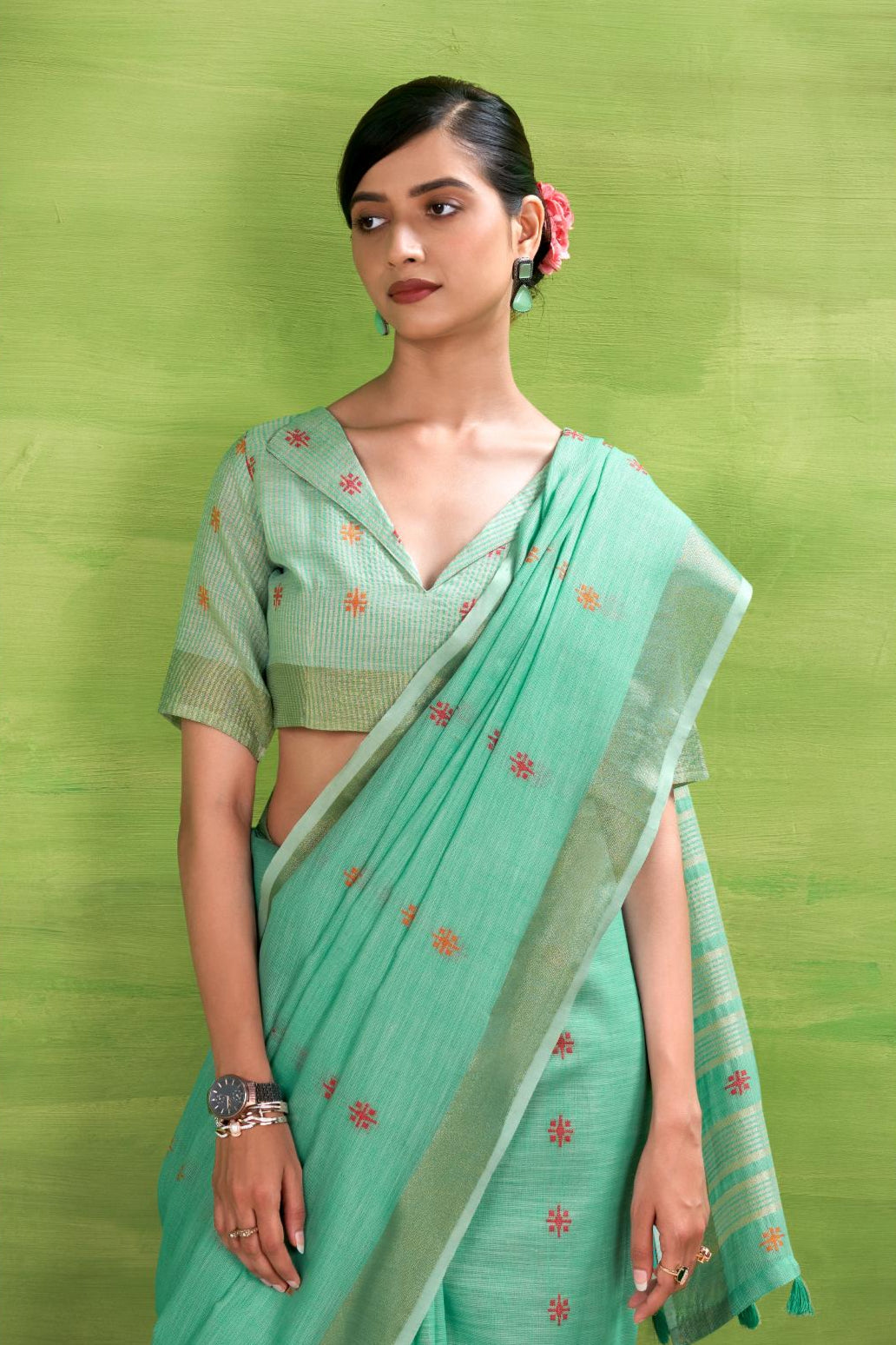 Sea Green Woven Linen Cotton Soft Silk Saree