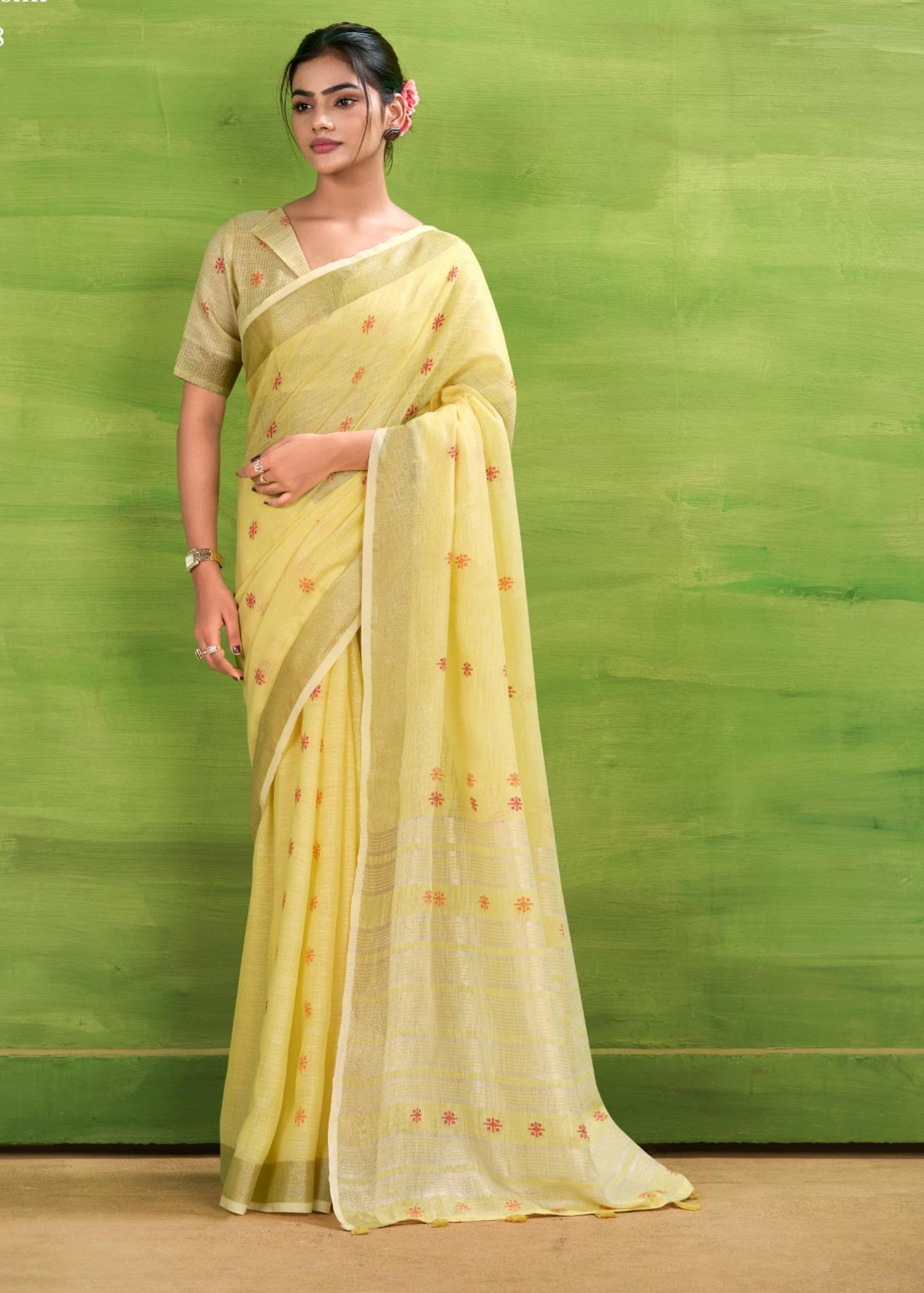 Bronze Yellow Woven Linen Cotton Soft Silk Saree