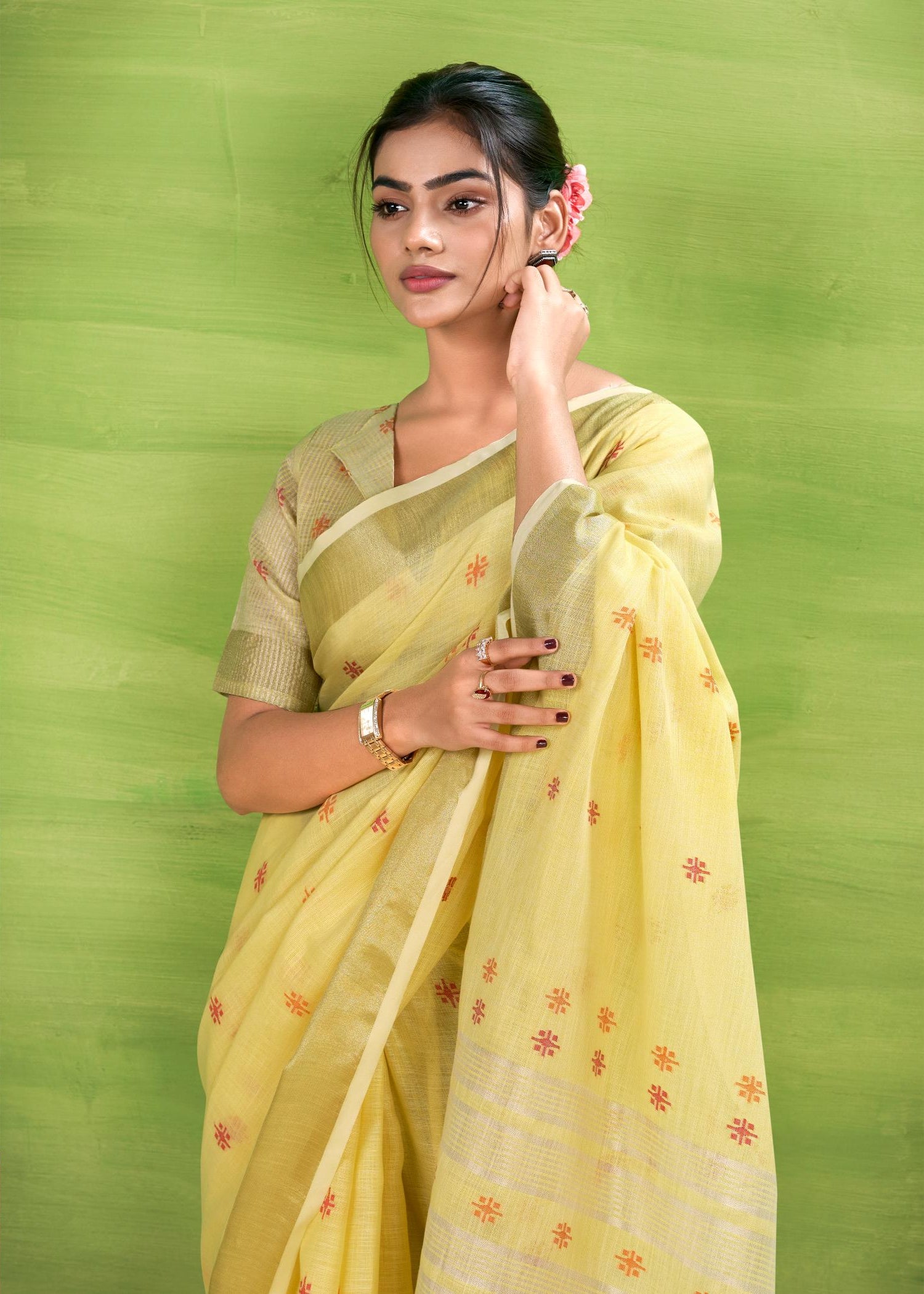 Bronze Yellow Woven Linen Cotton Soft Silk Saree