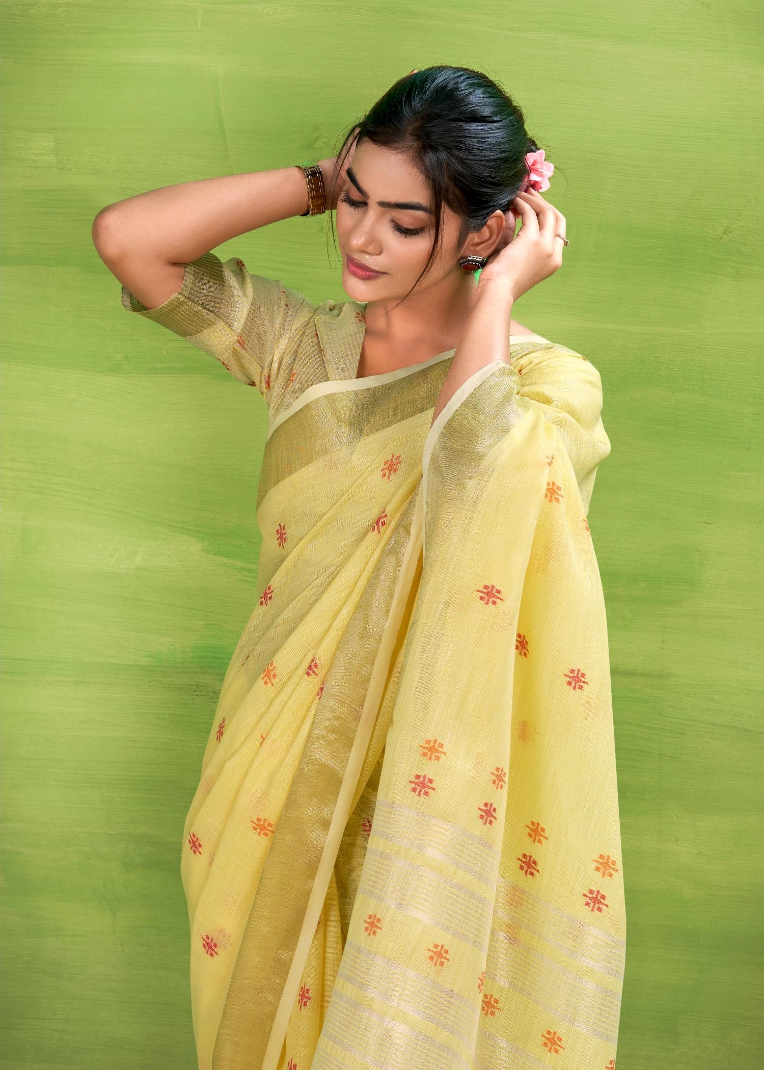 Bronze Yellow Woven Linen Cotton Soft Silk Saree