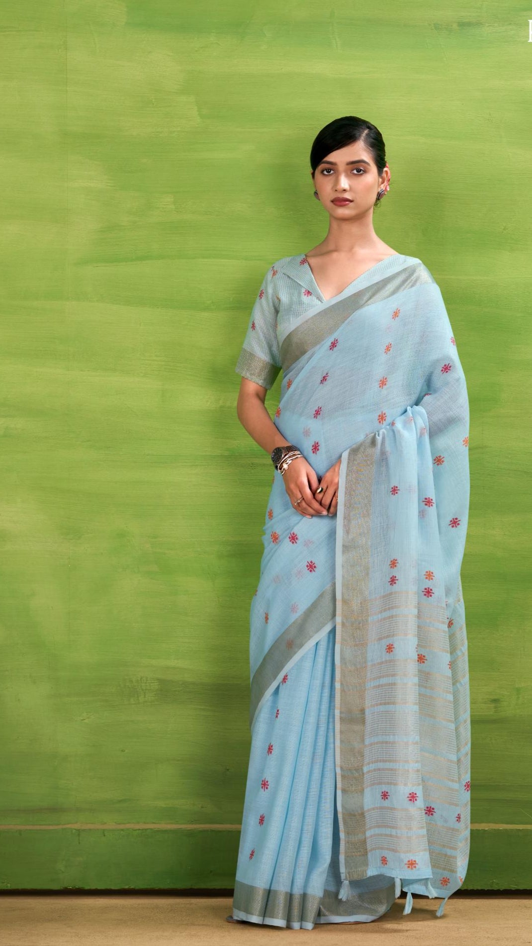 Cloudy Blue Woven Linen Cotton Soft Silk Saree