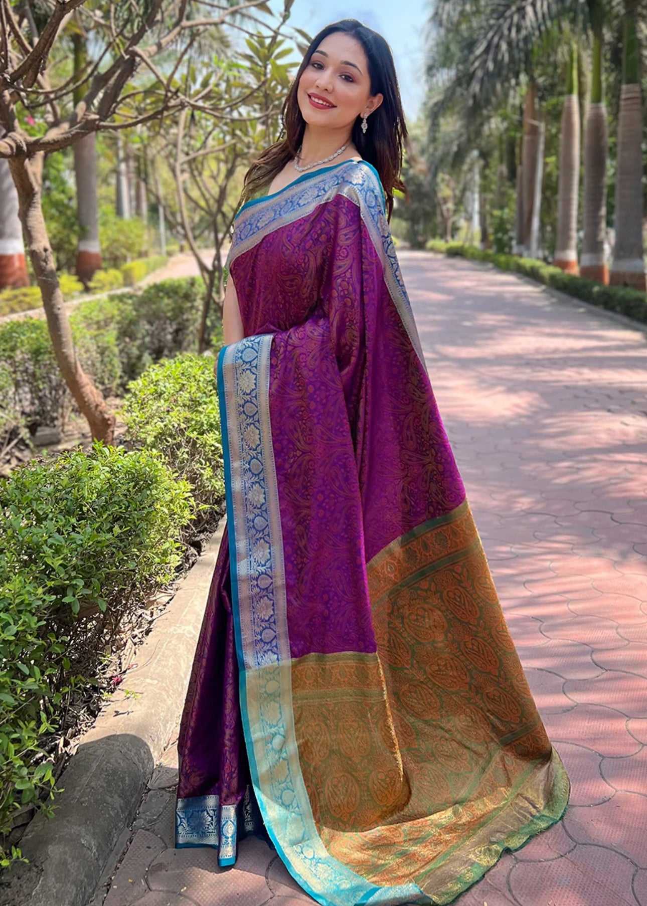 Purple Kashmiri Work Silk Saree With Weaving Pallu