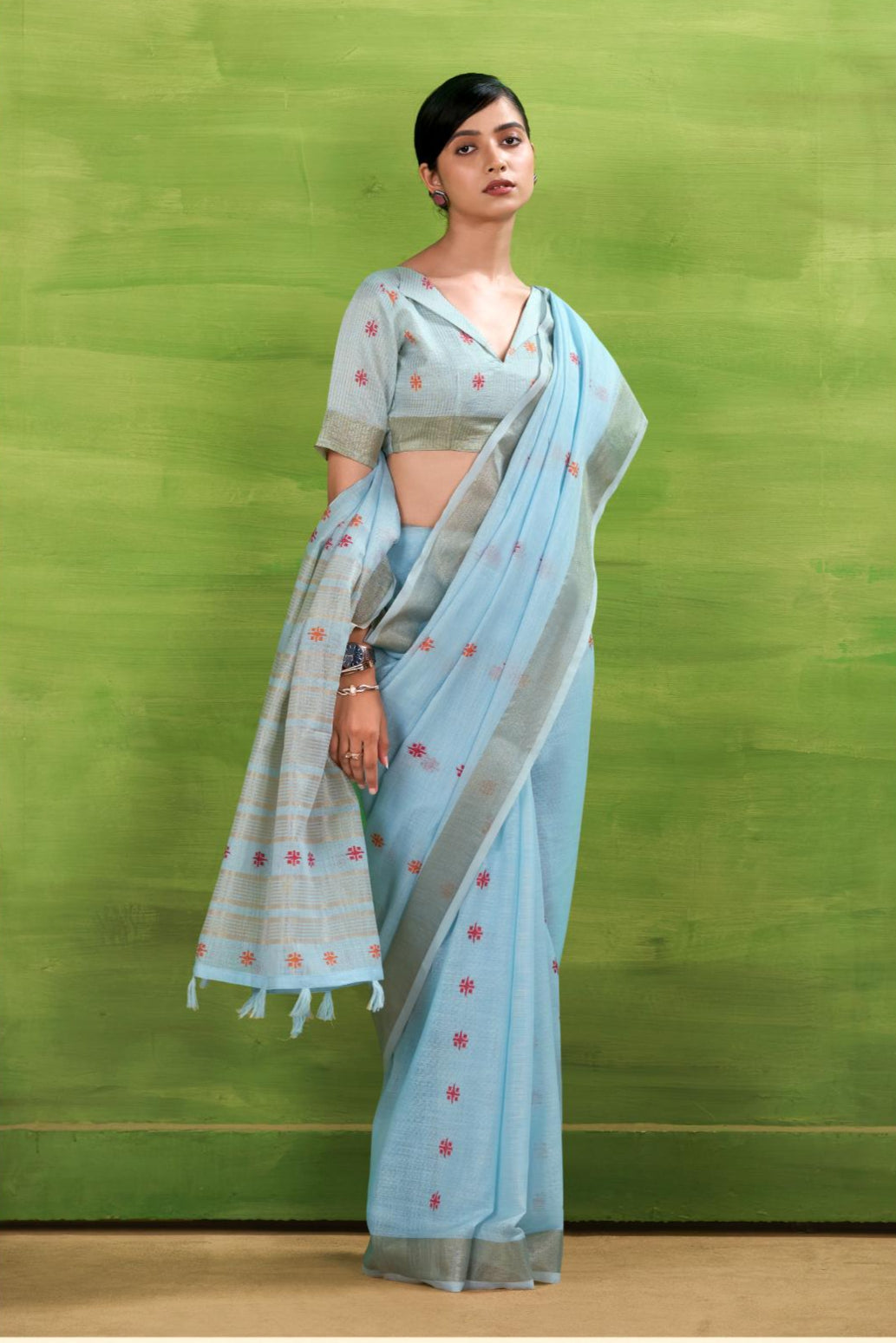 Cloudy Blue Woven Linen Cotton Soft Silk Saree