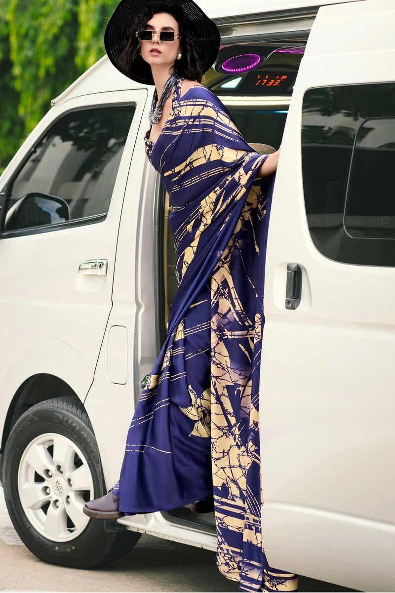 Blue Fancy Printed Satin Modal Silk Sarees R2