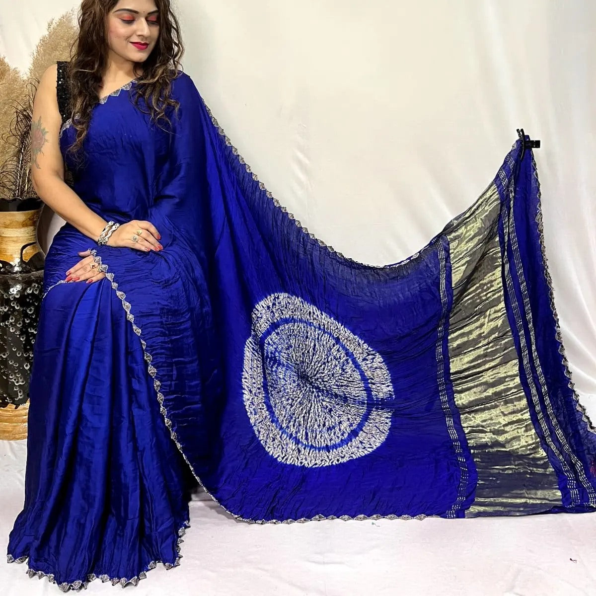 Blue Shibori Bandhni Border Pure Modal Silk Plain Saree