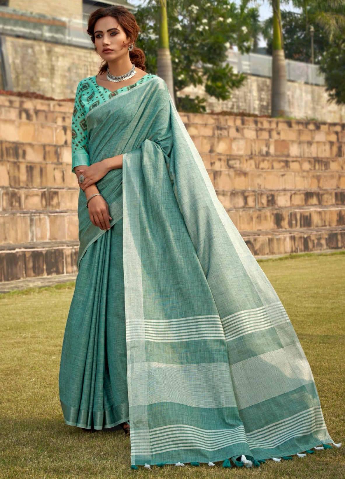 English Green Casual Linen Saree RP2