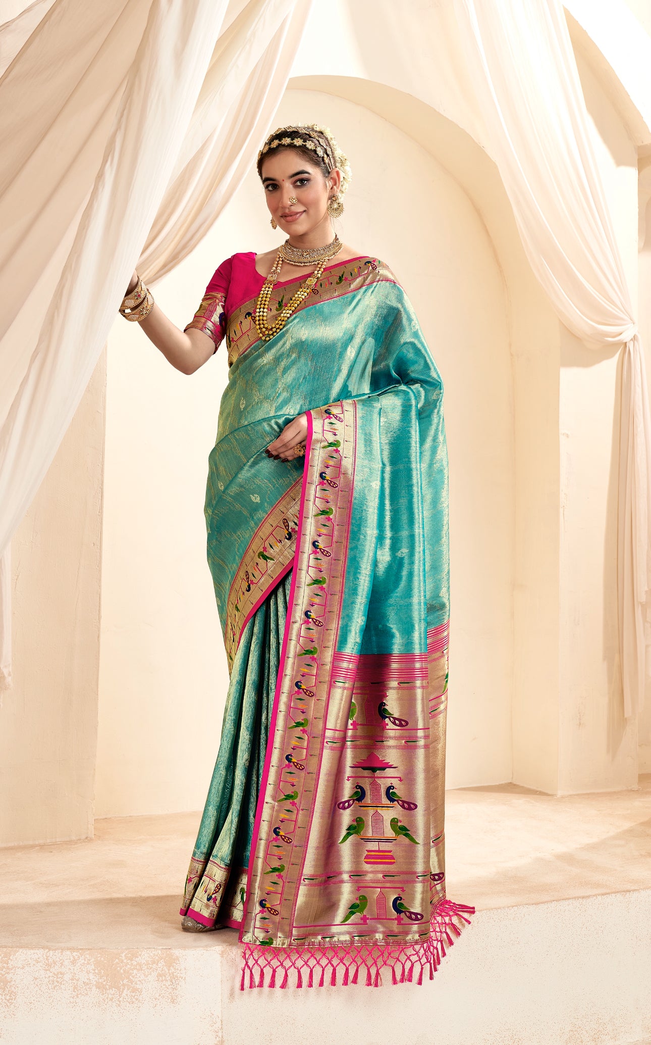 New Sea Color Weaving Paithani Tissue Silk Saree RP5