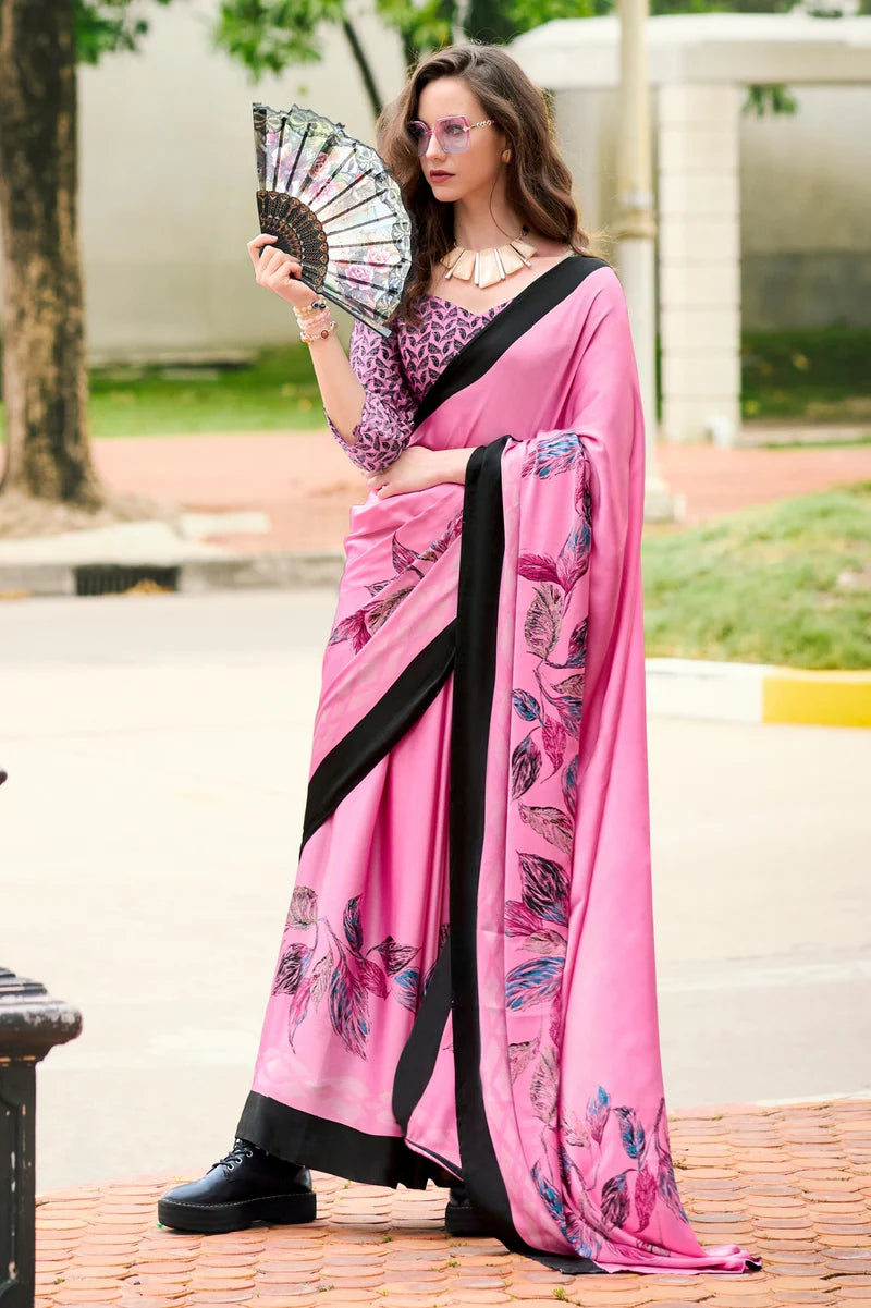 Baby Pink Fancy Printed Satin Modal Silk Sarees R2