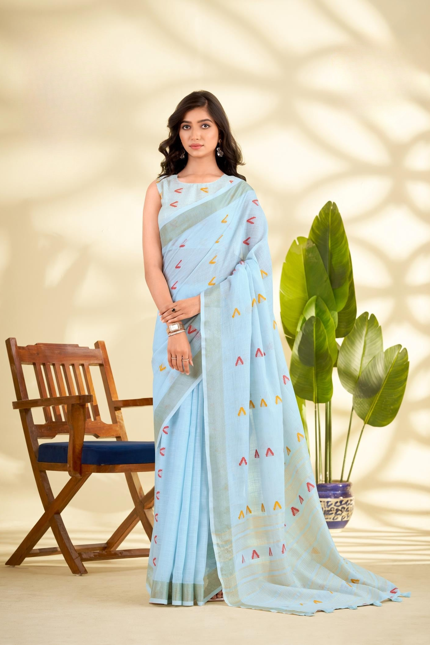 Sky Blue Handloom Woven Linen Sot Silk Saree
