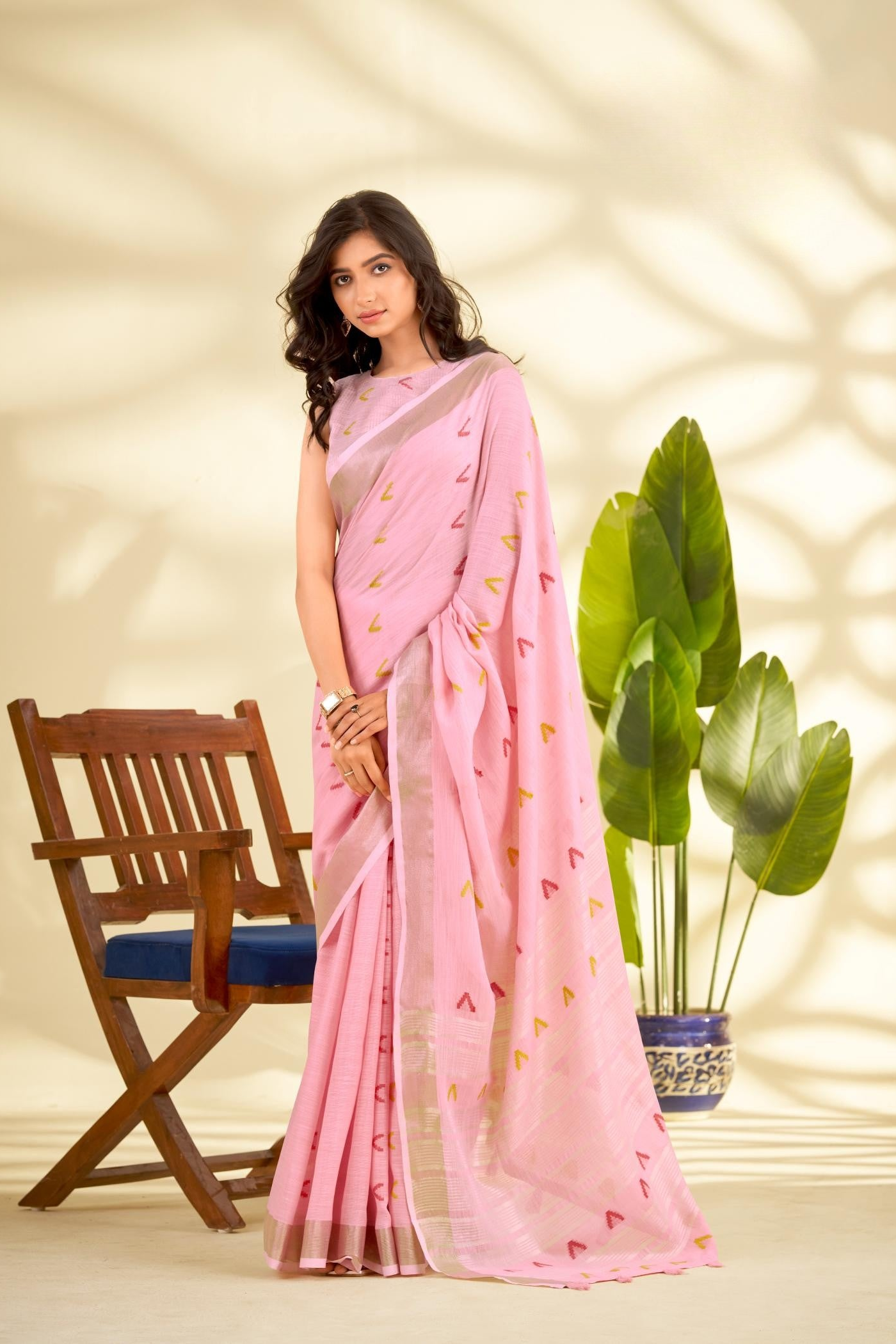 Rose Pink Handloom Woven Linen Sot Silk Saree