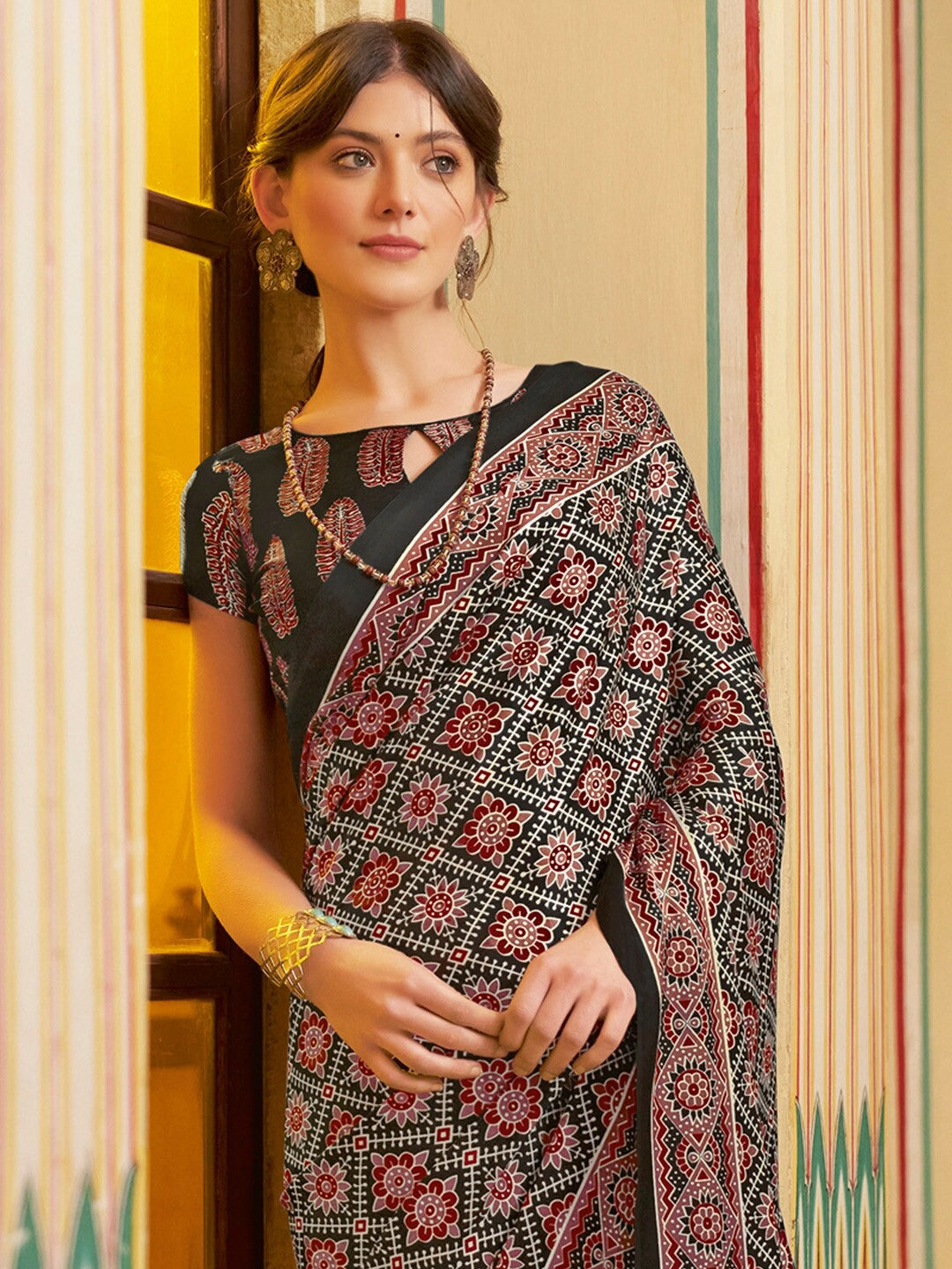 Black New Ajrakh Printed Satin Crepe Saree