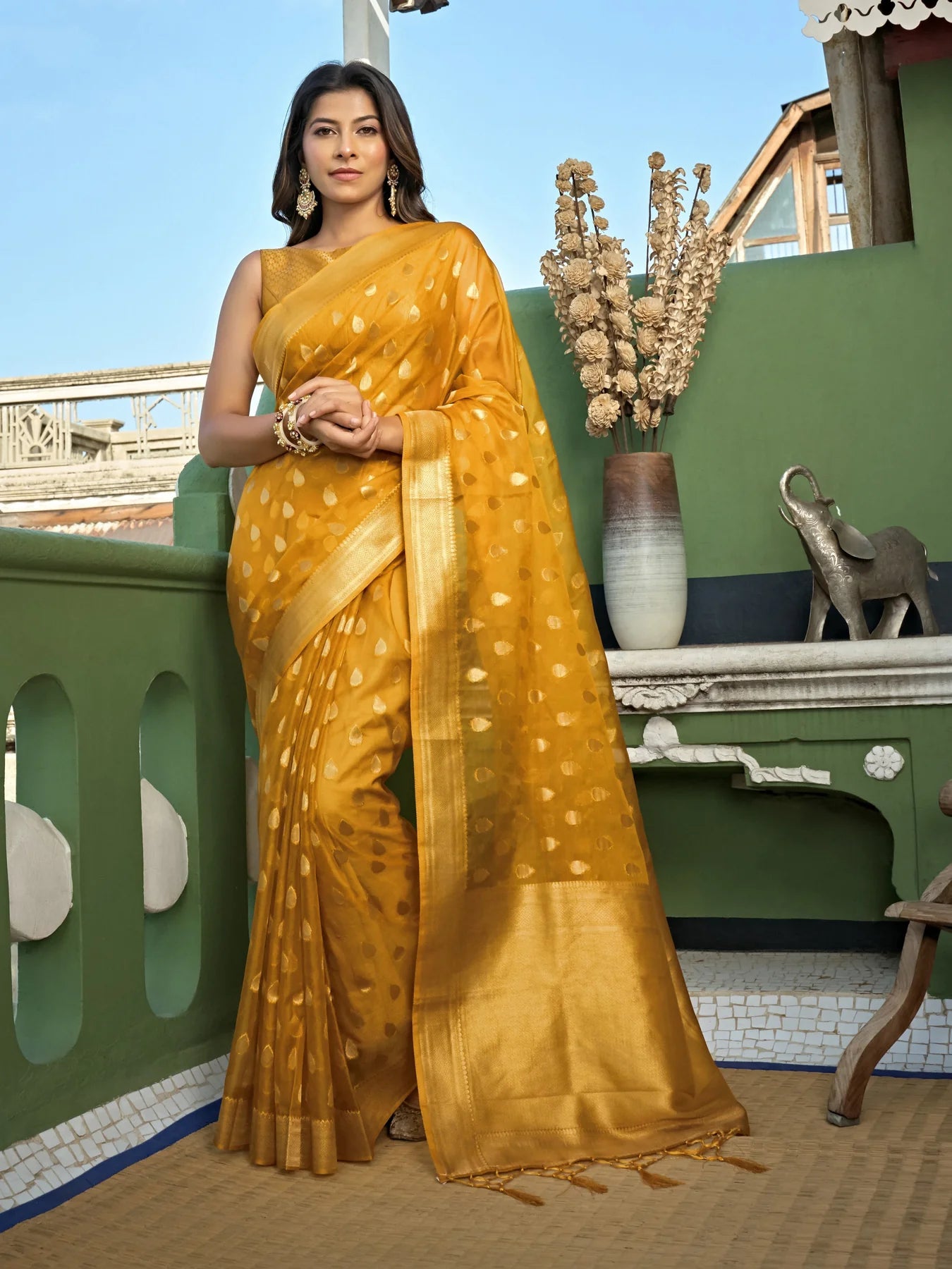 Yellow Organza Silk Saree With Tassel