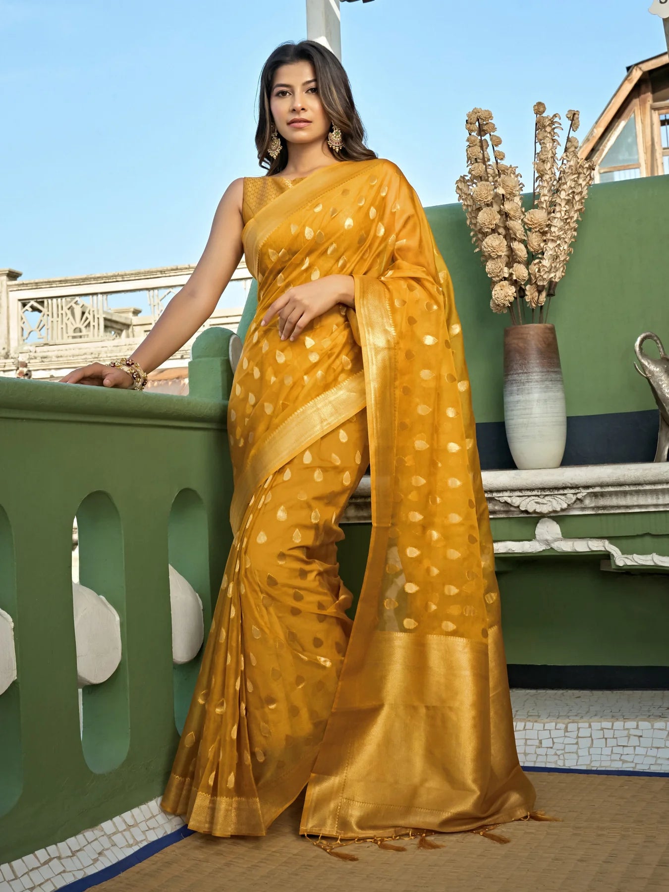 Yellow Organza Silk Saree With Tassel