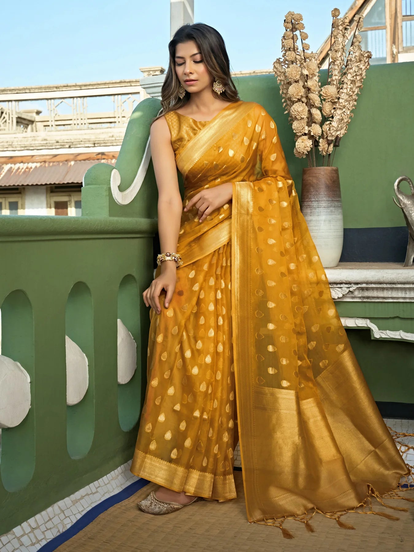 Yellow Organza Silk Saree With Tassel