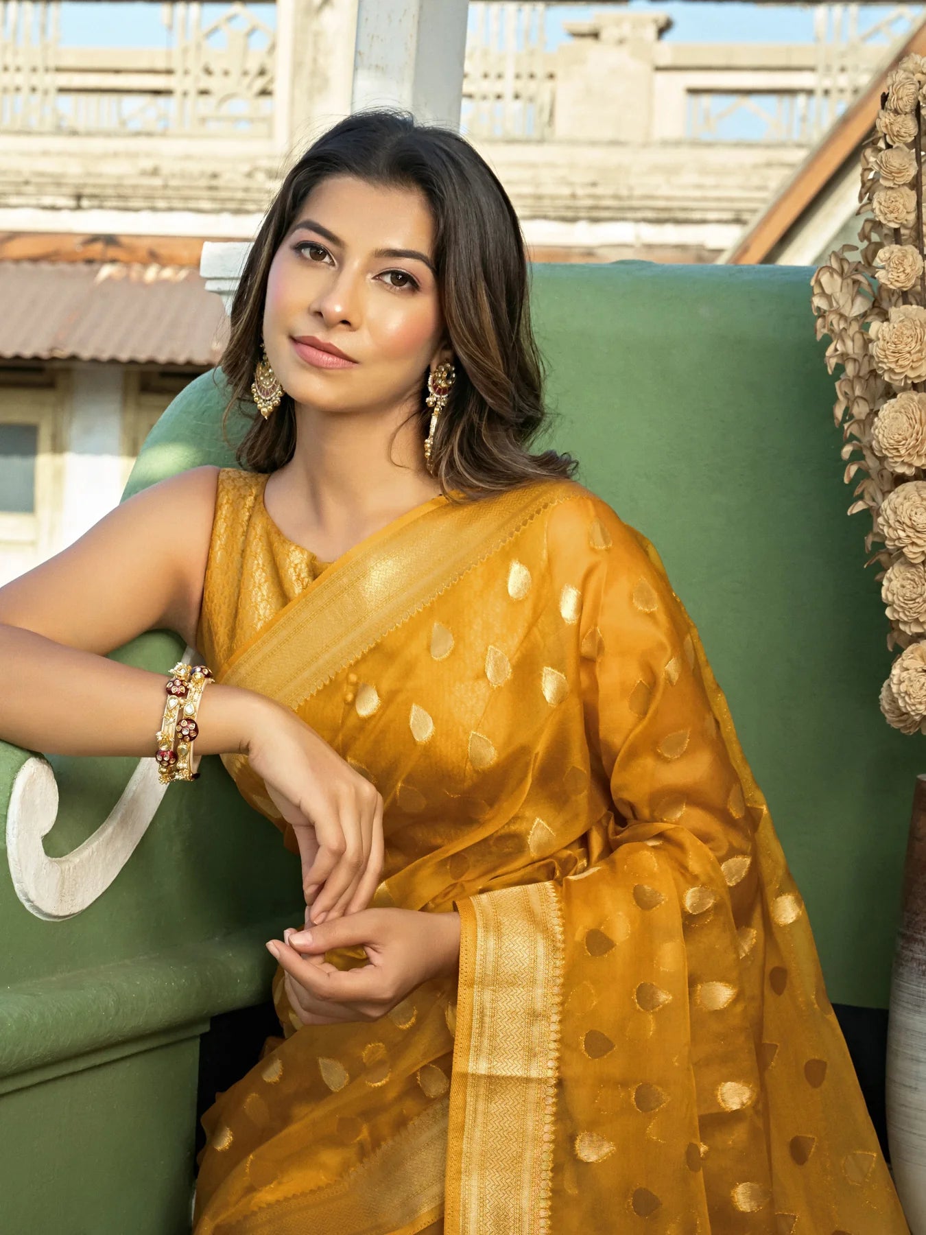 Yellow Organza Silk Saree With Tassel