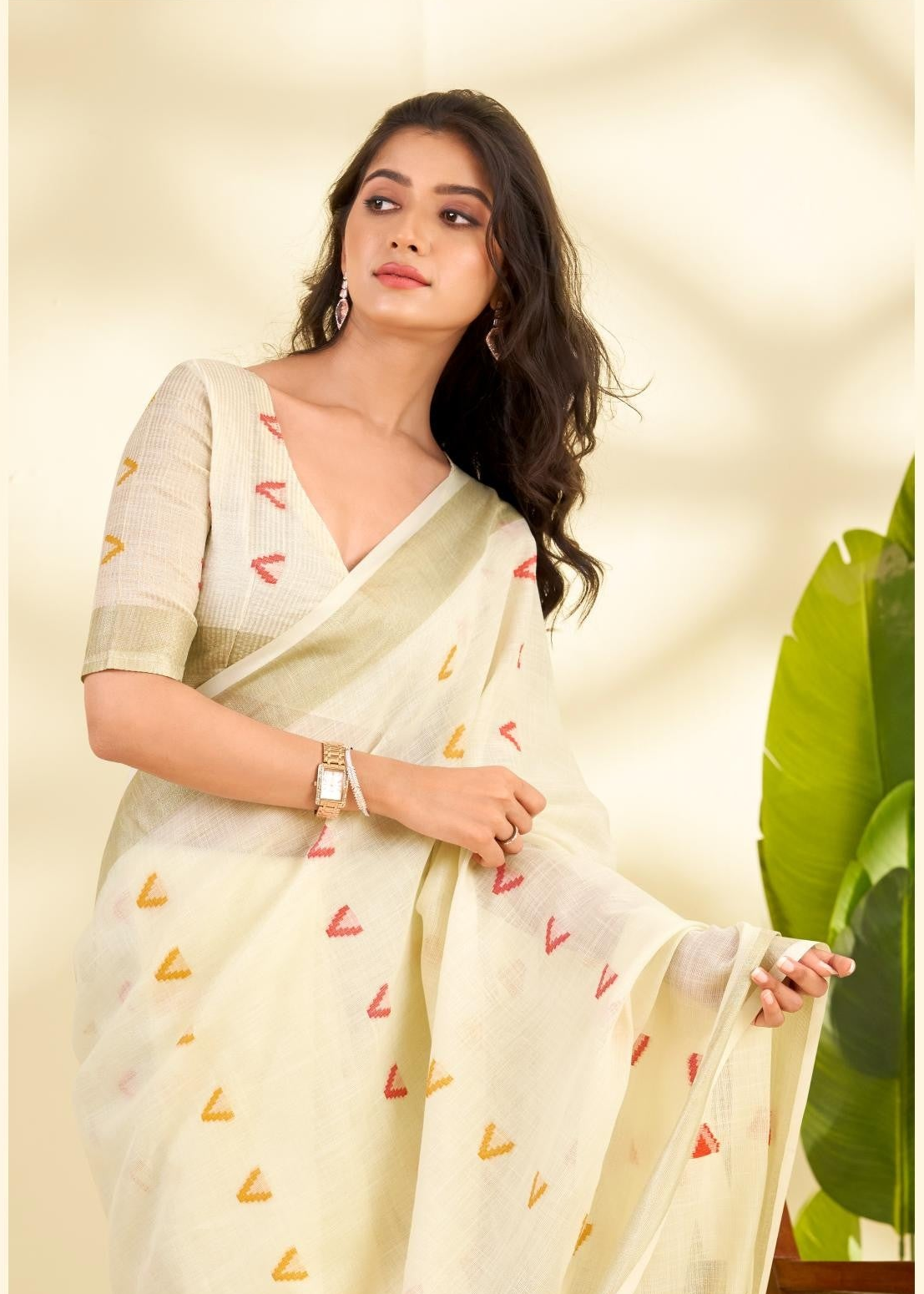 Off White Handloom Woven Linen Sot Silk Saree