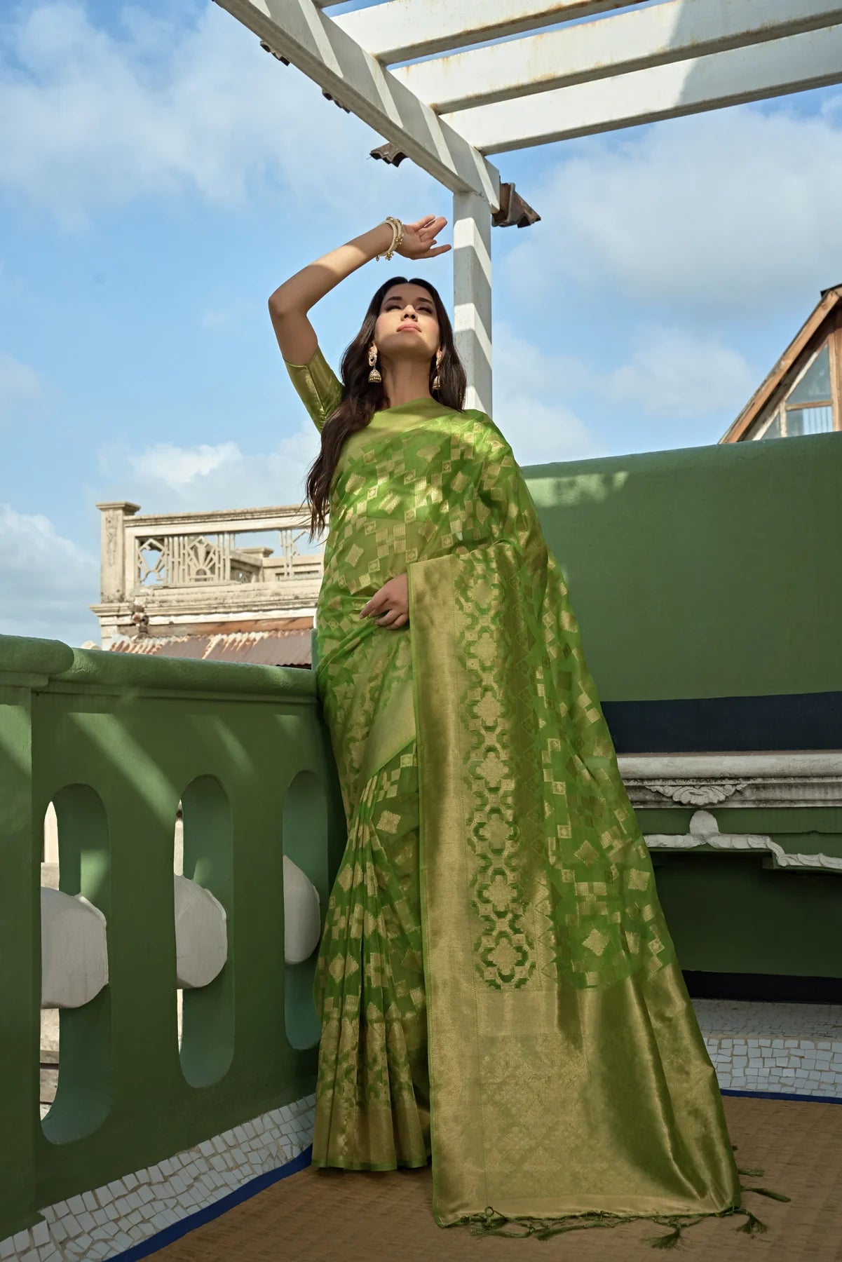 Green Organza Silk Saree With Tassel