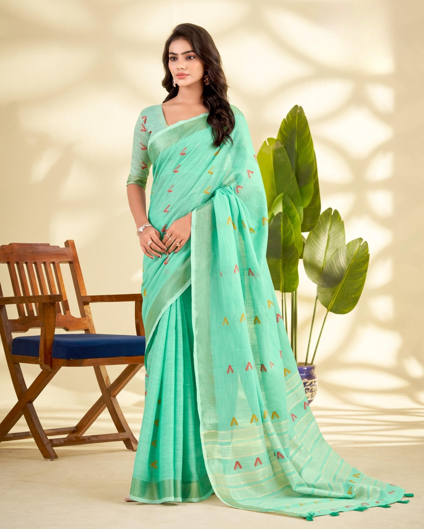 Green Handloom Woven Linen Sot Silk Saree