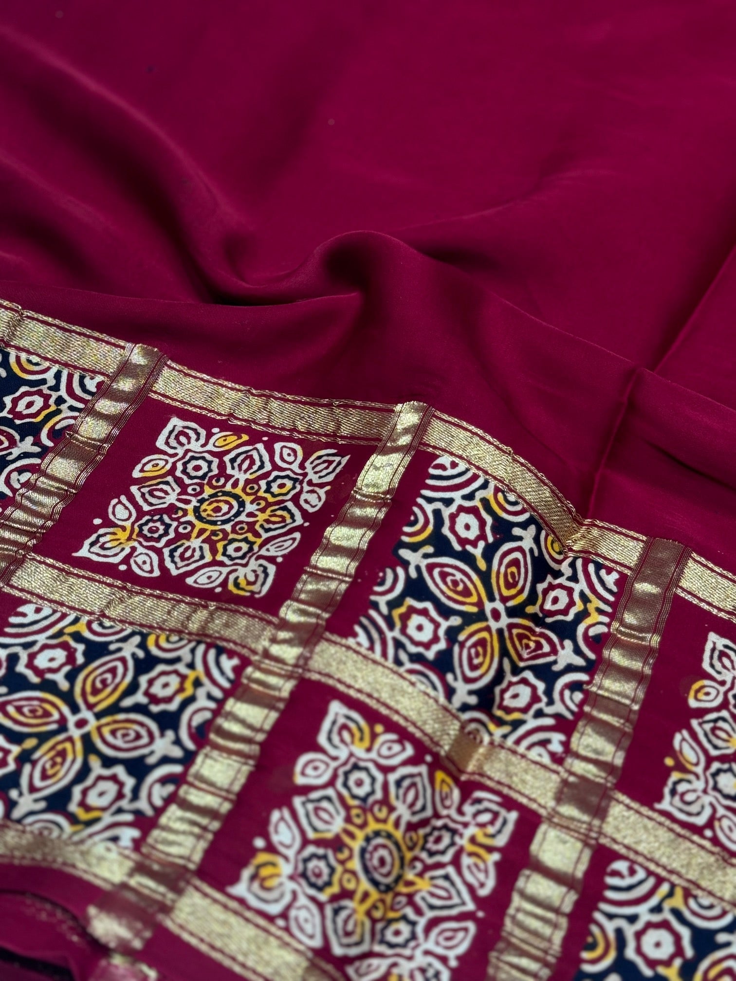 Maroon Ajrakh Gharchola Border Hand Block Pure Modal Silk Saree With Fancy Ajrakh And Zari Pallu 1