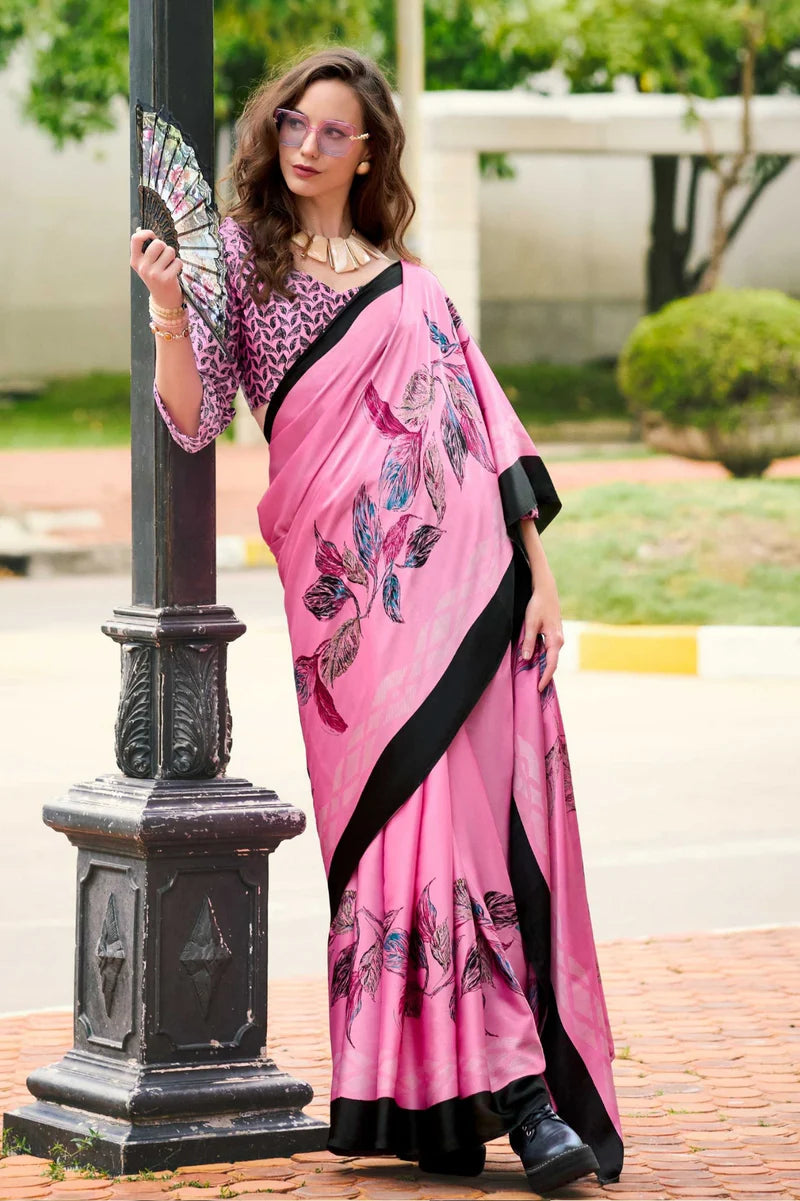 Baby Pink Fancy Printed Satin Modal Silk Sarees R2