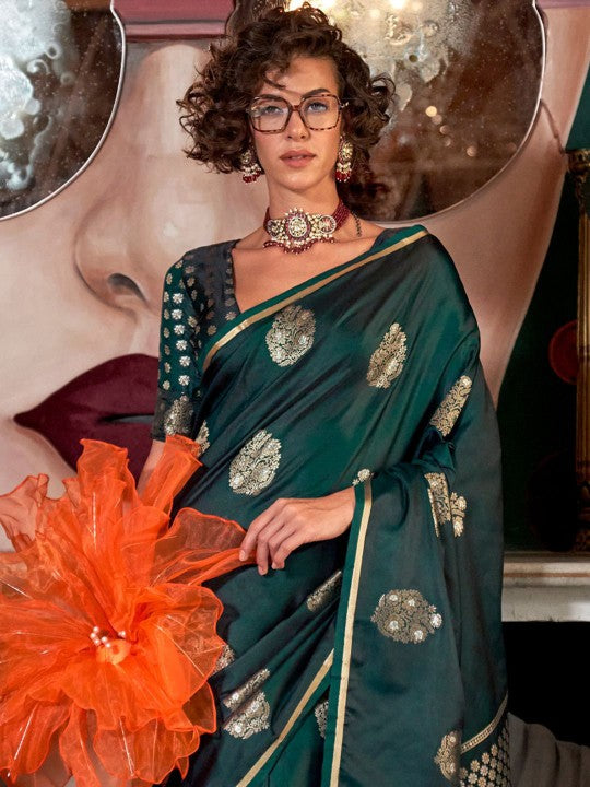 Emerald Green Woven Handloom Banarasi Satin Silk Saree