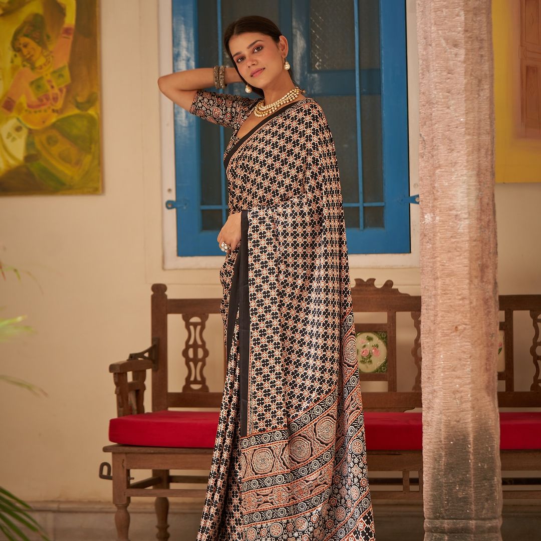 Black New Ajrakh Printed Satin Crepe Saree