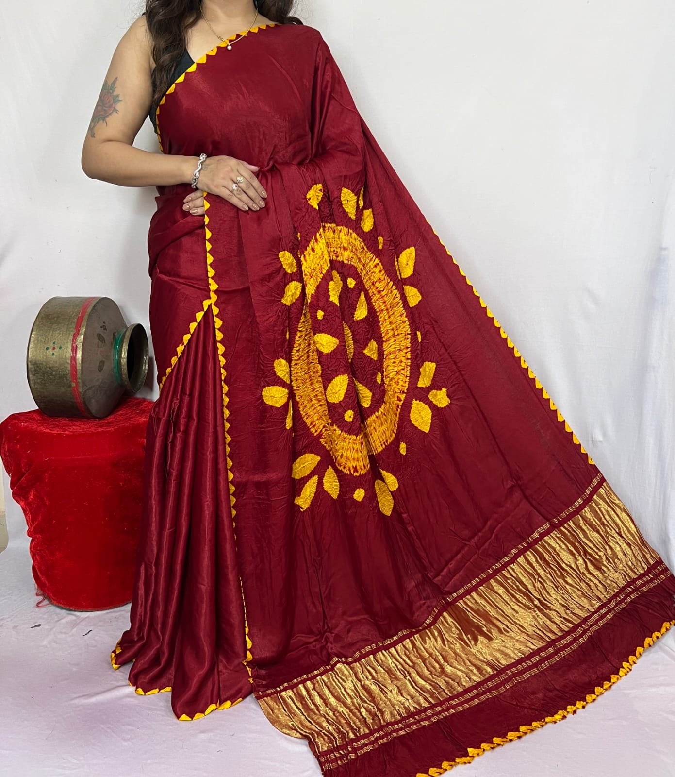 Redish Maroon Shibori Bandhni Border Pure Modal Silk Plain Saree S1