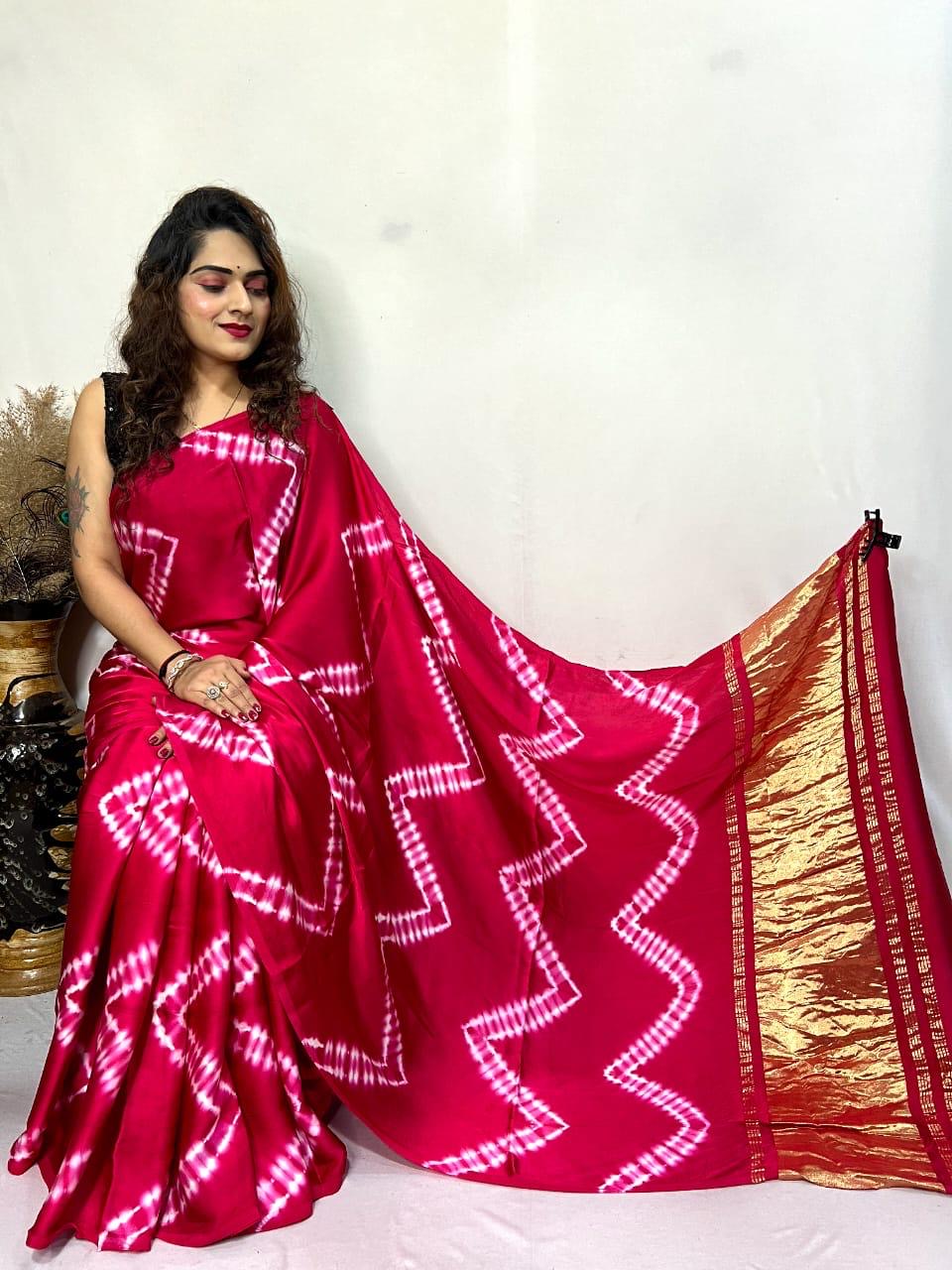 Rani Pink Leriya Modal Silk Zari Pallu Saree And Tie Dye Ajrakh