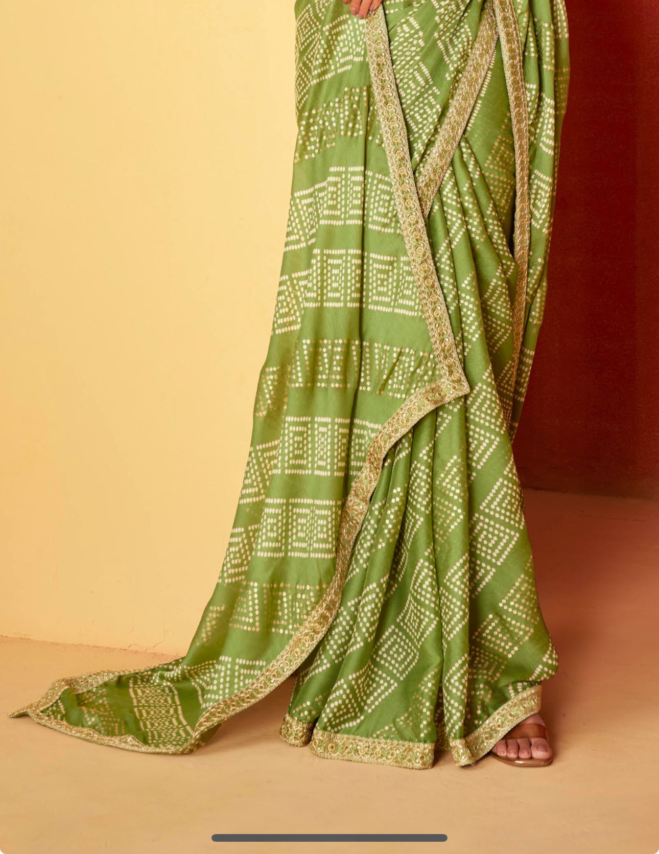 Khaki Green Moss Chiffon Foil Mill Print And Embroidery Work Border Saree With Fancy Work Blouse Sbs4