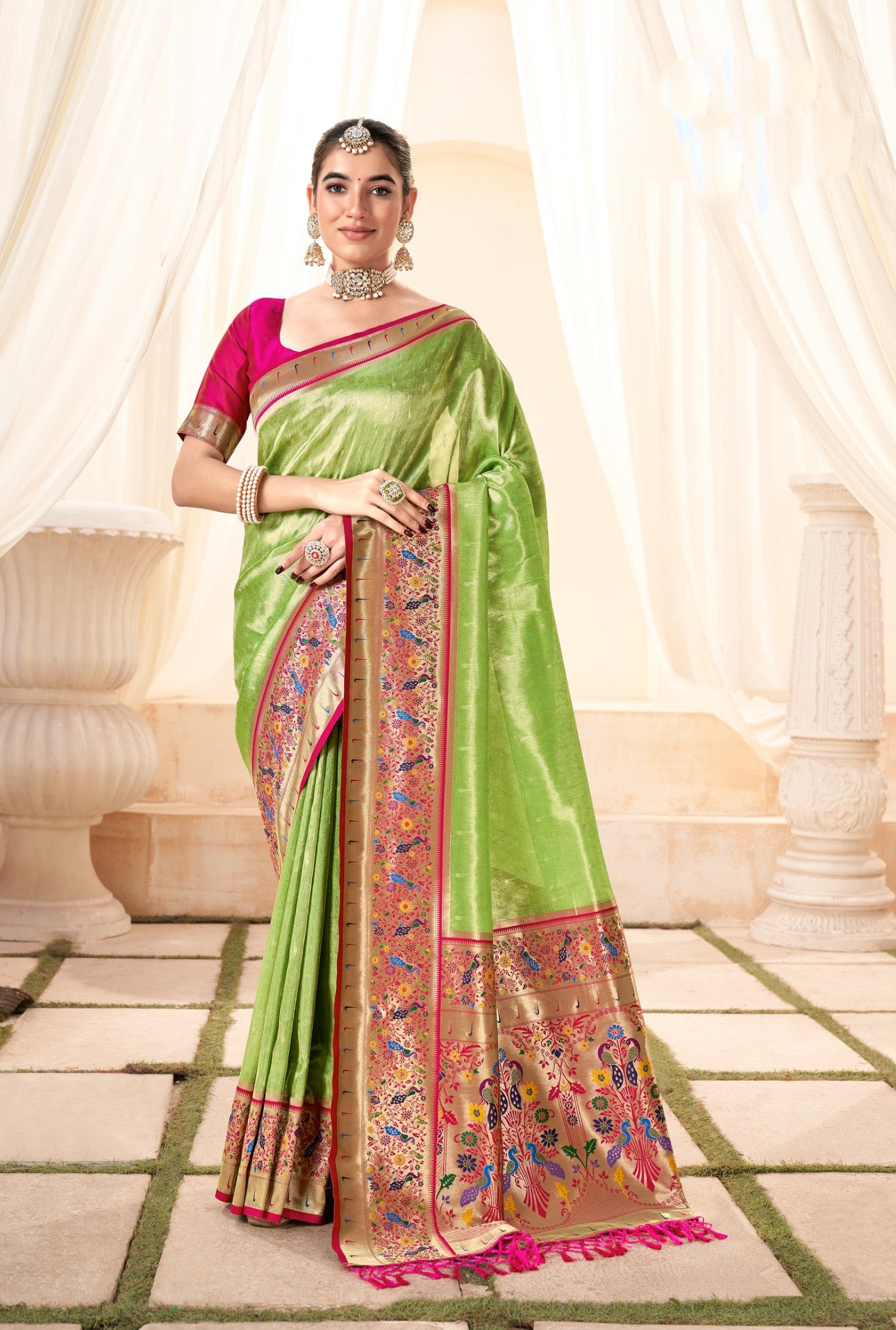 Parrot Green Weaving Paithani Tissue Silk Saree RP6