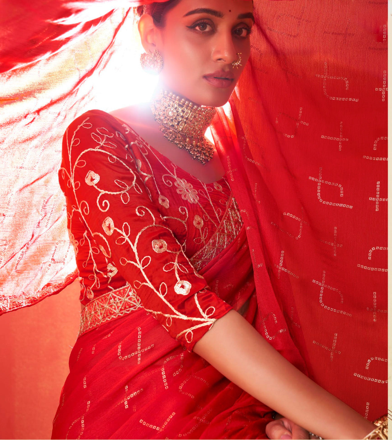 Soft Red Moss Chiffon Foil Mill Print And Embroidery Work Border Saree With Fancy Work Blouse Sbs4