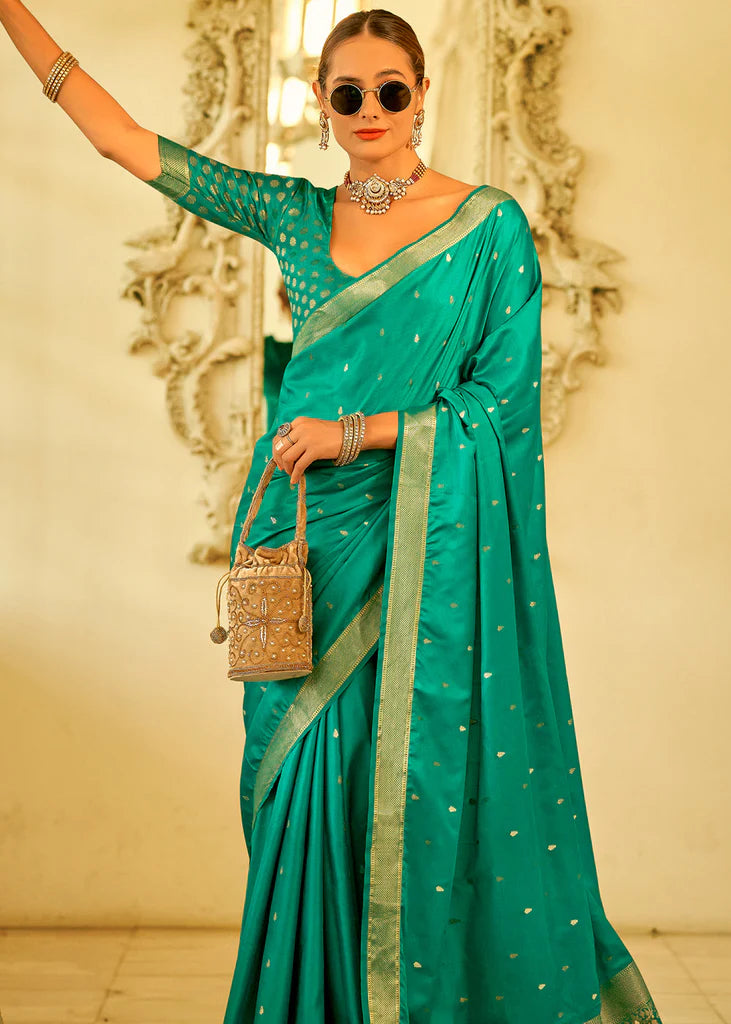 Aqua Green Traditional Banarasi Satin Silk Saree