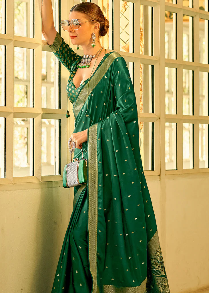 Dark Green Traditional Banarasi Satin Silk Saree