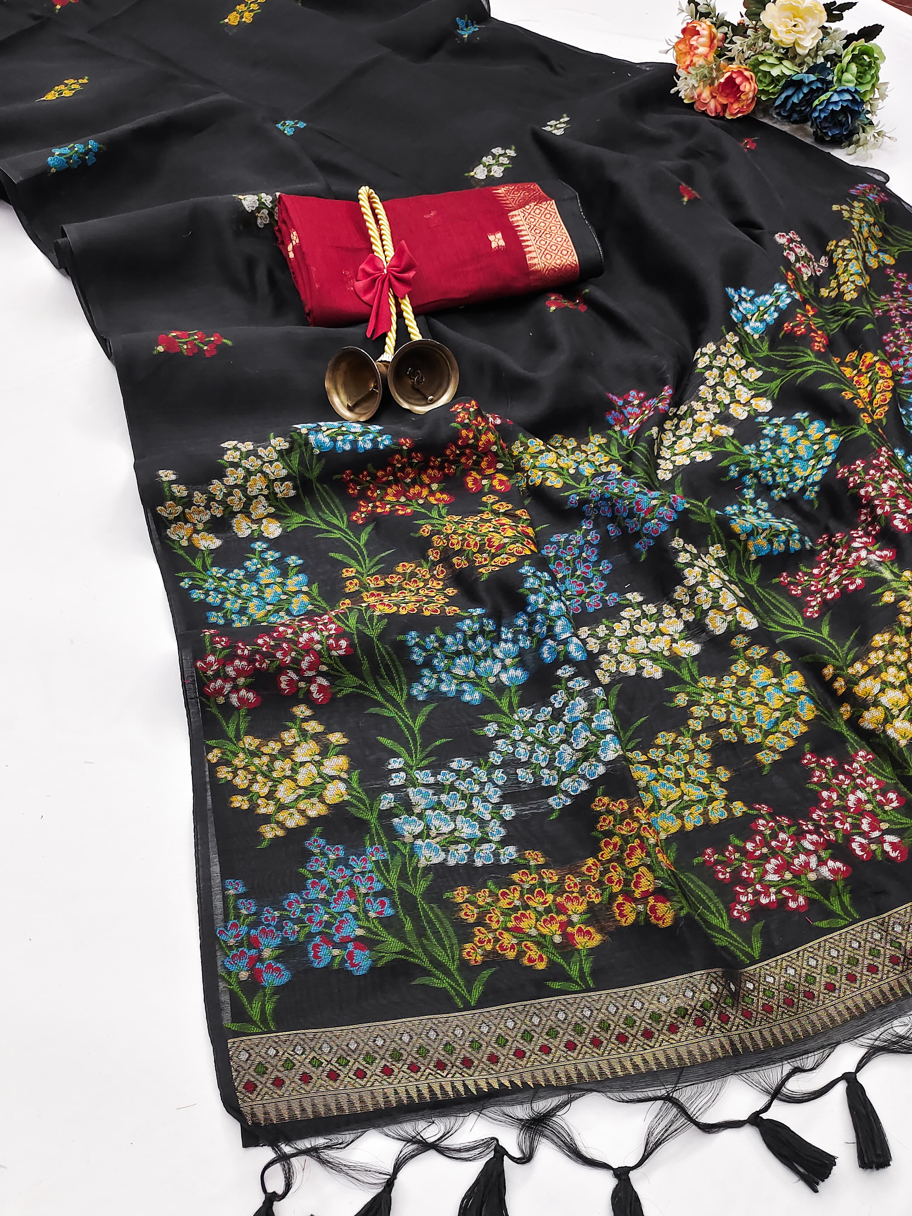 Charcoal Black Handloom Cotton Soft Silk Saree With Blouse