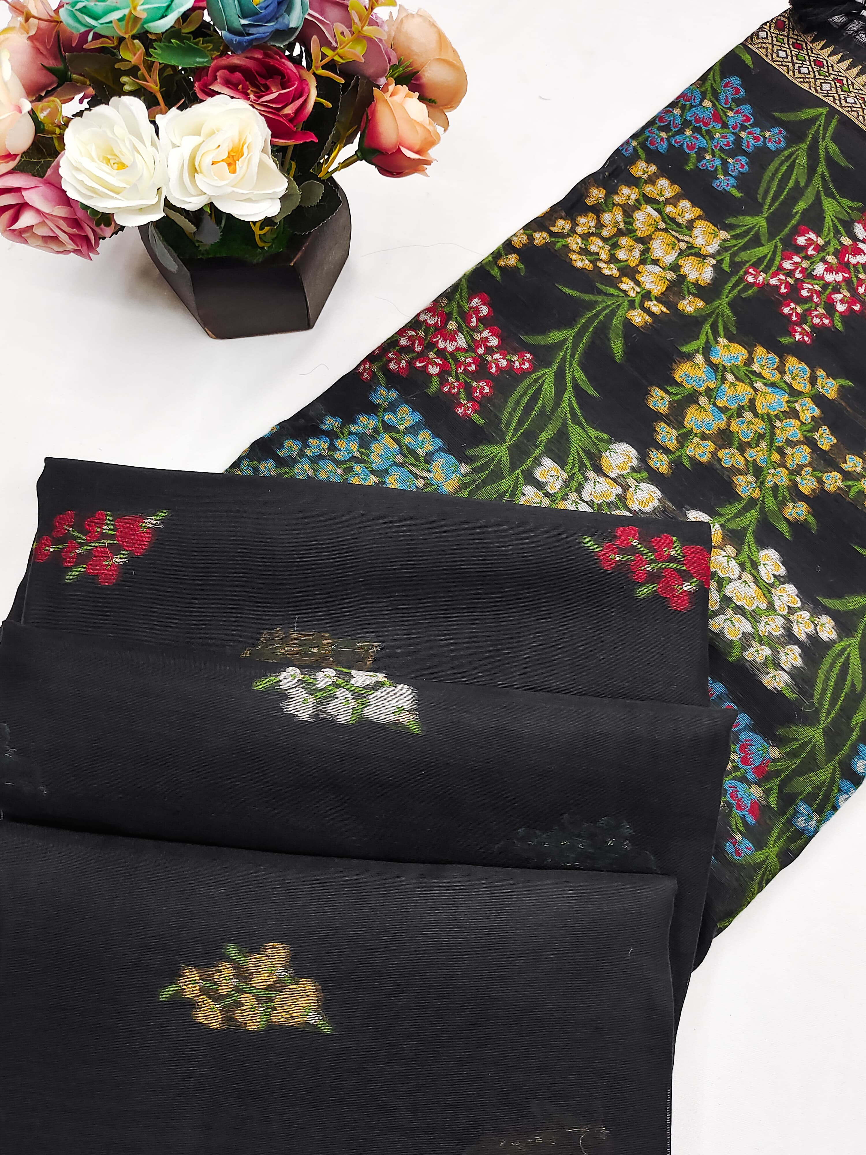 Charcoal Black Handloom Cotton Soft Silk Saree With Blouse