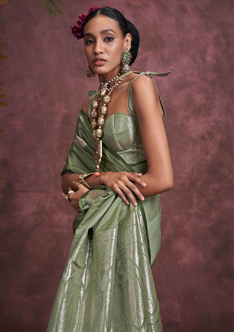 Sage Green Banarasi Silk Saree with Designer Same Colored Blouse