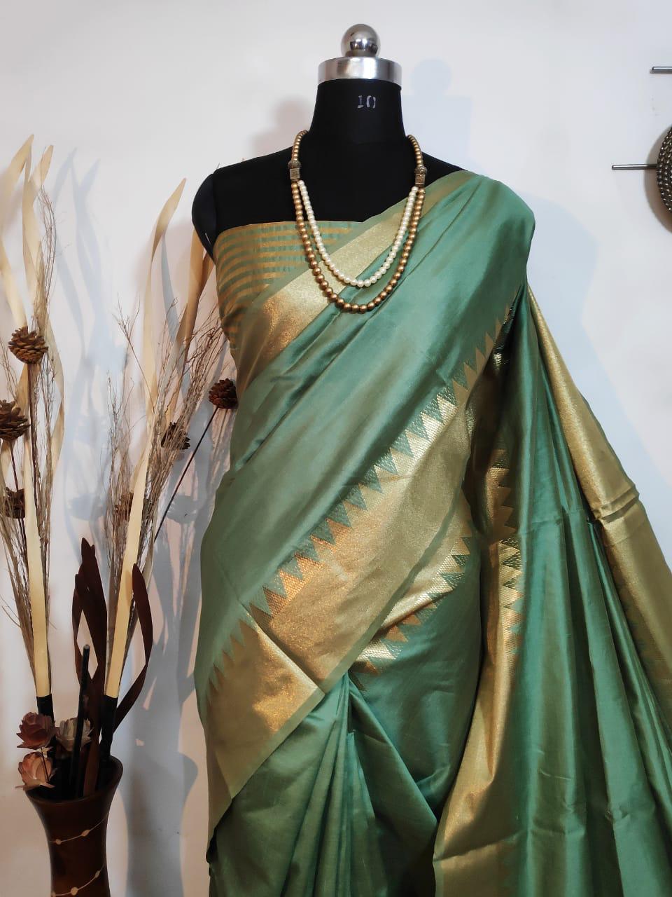 Marrs Green Woven Moss Chiffon Handloom Weaving Silk Saree