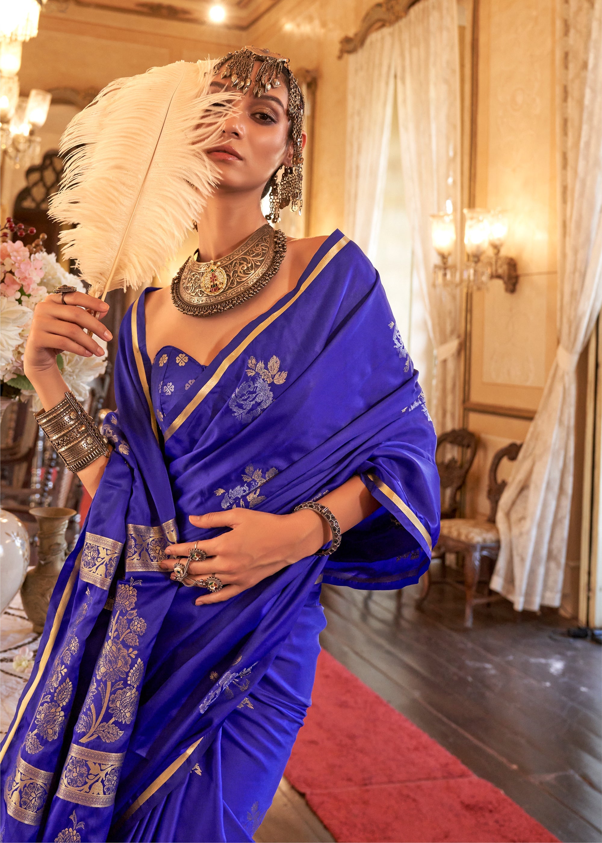 Vibrant Blue Banarasi Satin Soft Silk Saree