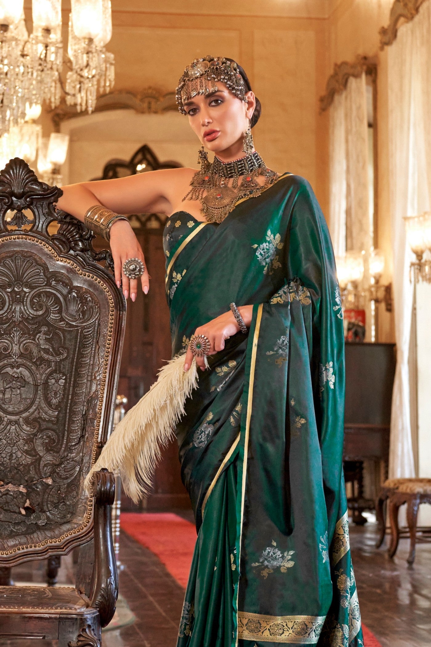 Jungle Green Banarasi Satin Soft Silk Saree