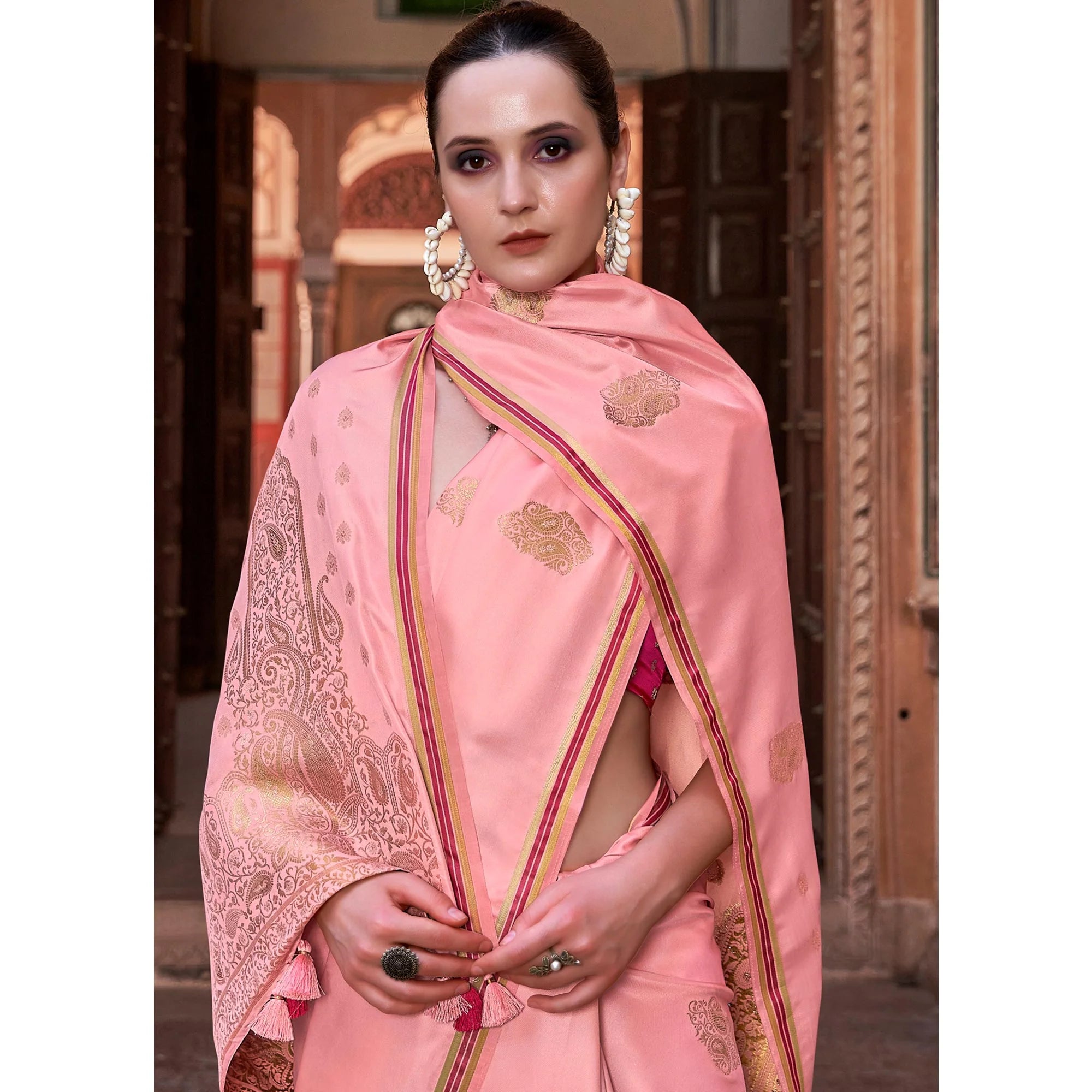 Pink Satin Silk Saree With Tassels