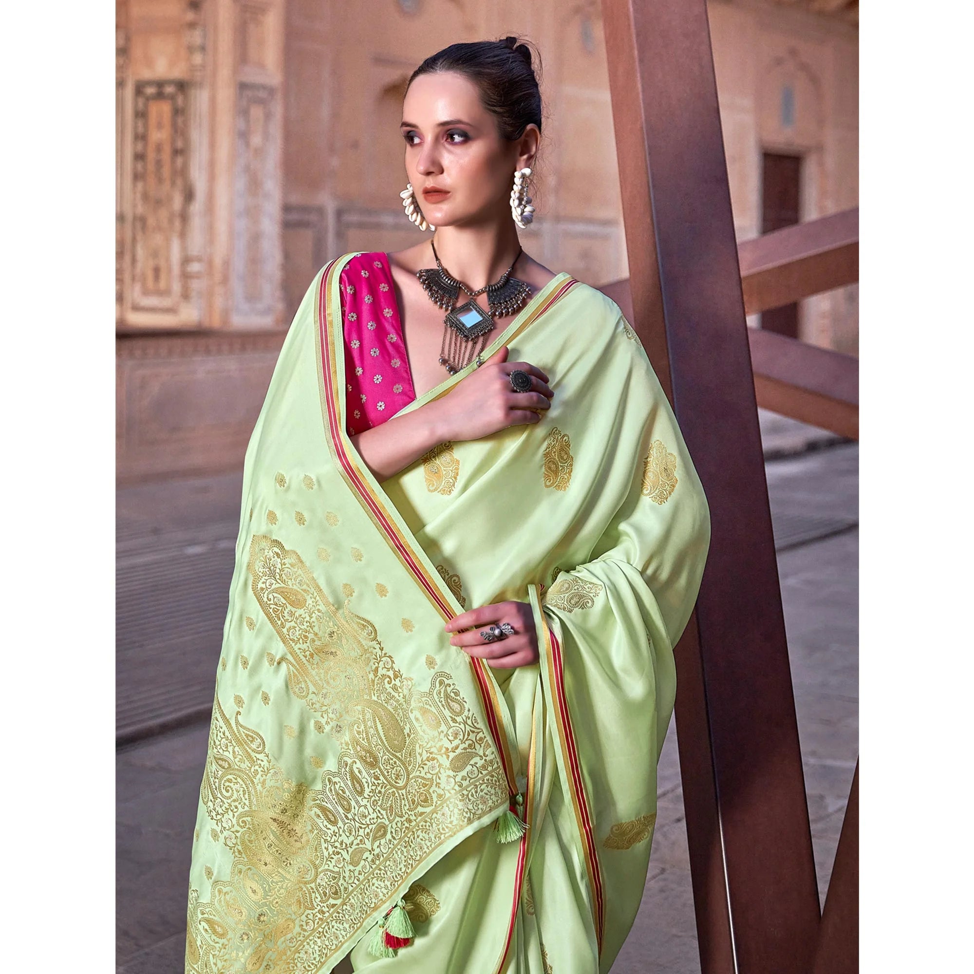 Green Satin Silk Saree With Tassels