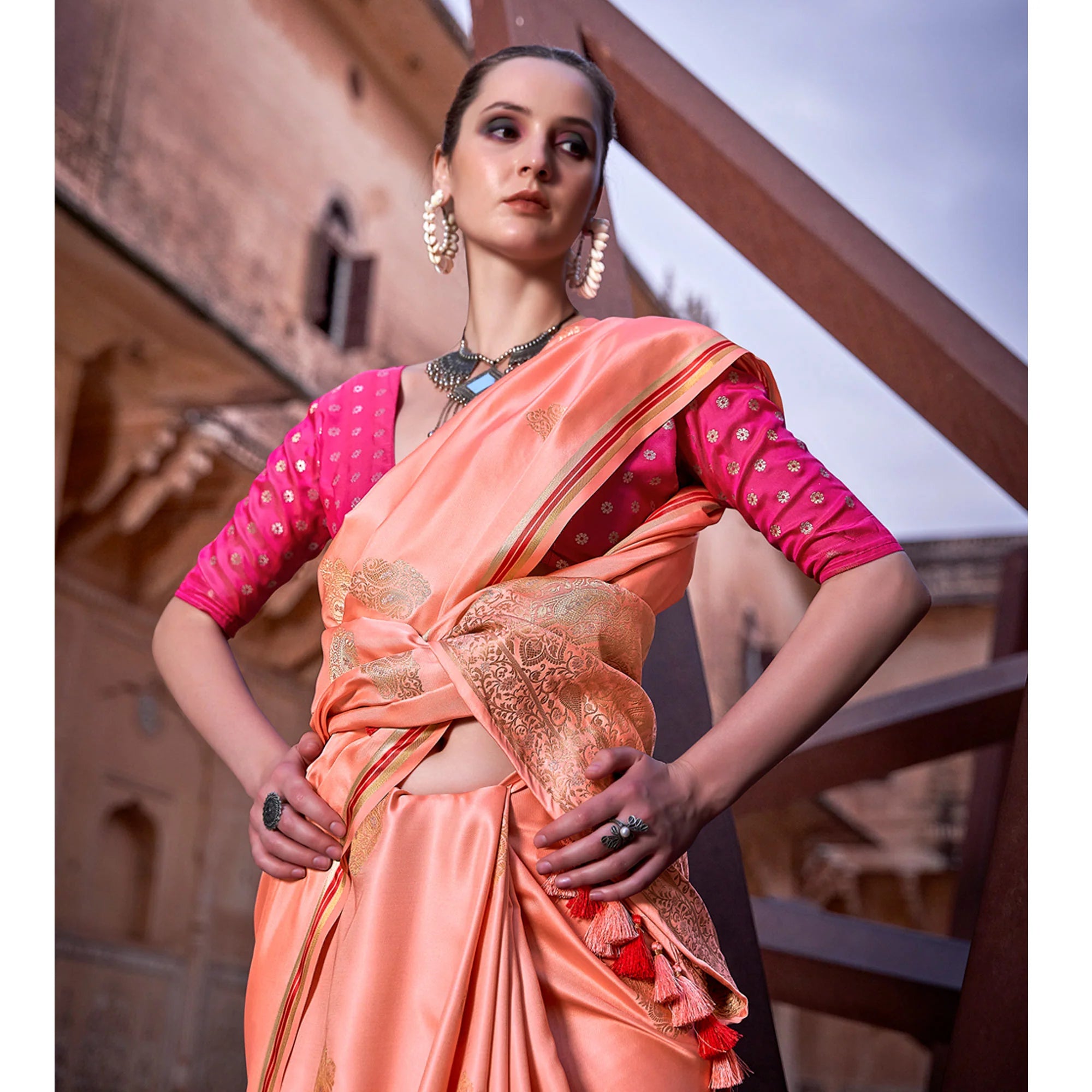 Peach Satin Silk Saree With Tassels