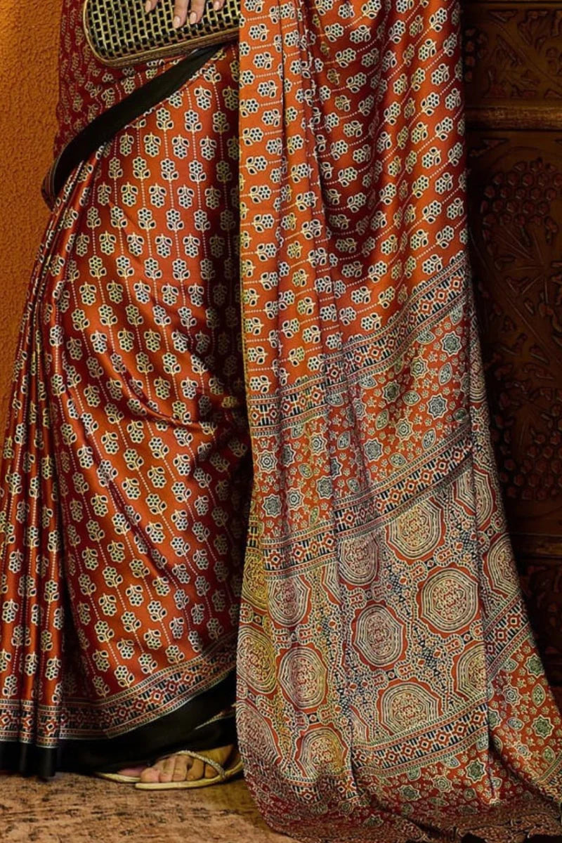 Brown Printed Ajrakh Satin Crepe Saree A2