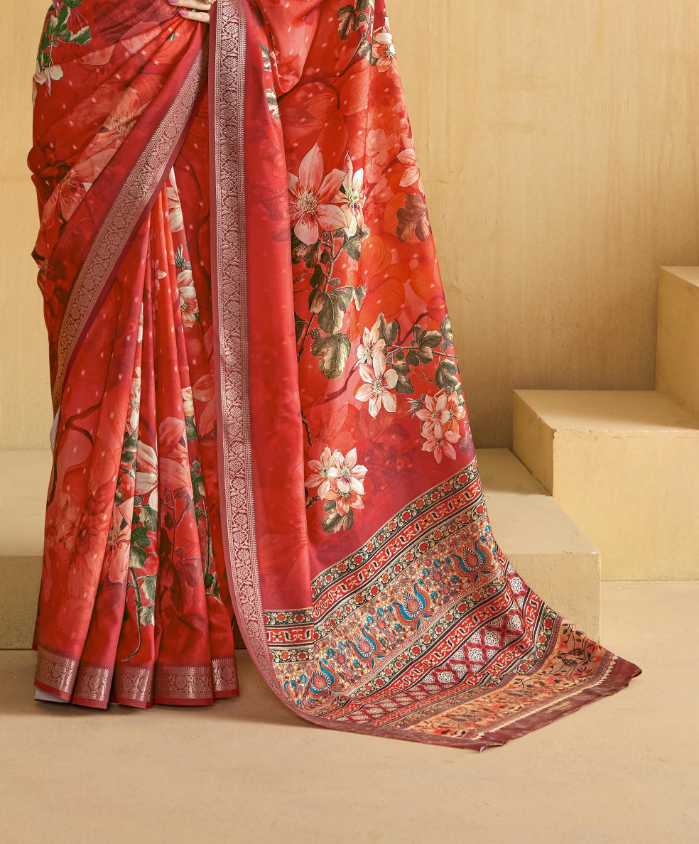 Red Flower Soft Silk Weaving Border Saree