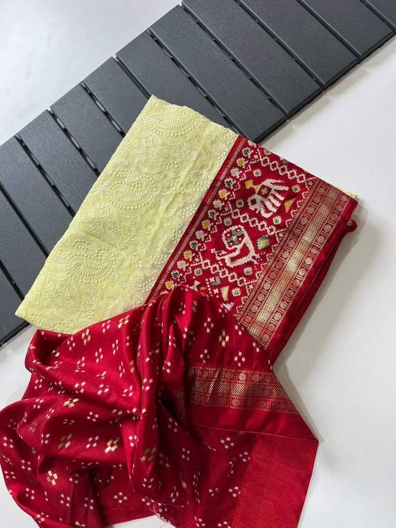 Leman Embroidery Chikankari Patola Handloom Saree with Contrass Blouse